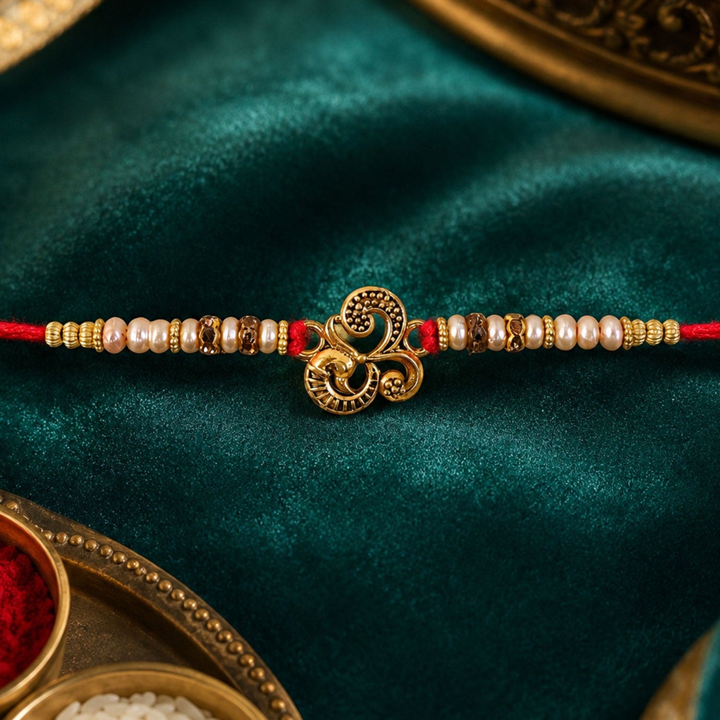 Traditional Om Antique Rakhi with Pearl Beads – Rakhi for Brother