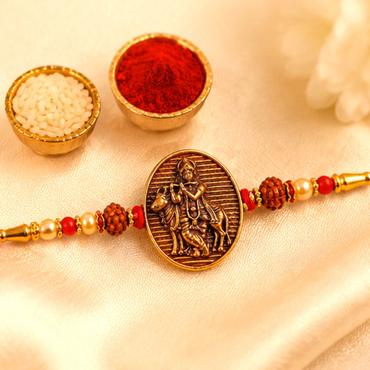 Religious Krishna Oval Rakhi with Pearls Rakhi for Brother