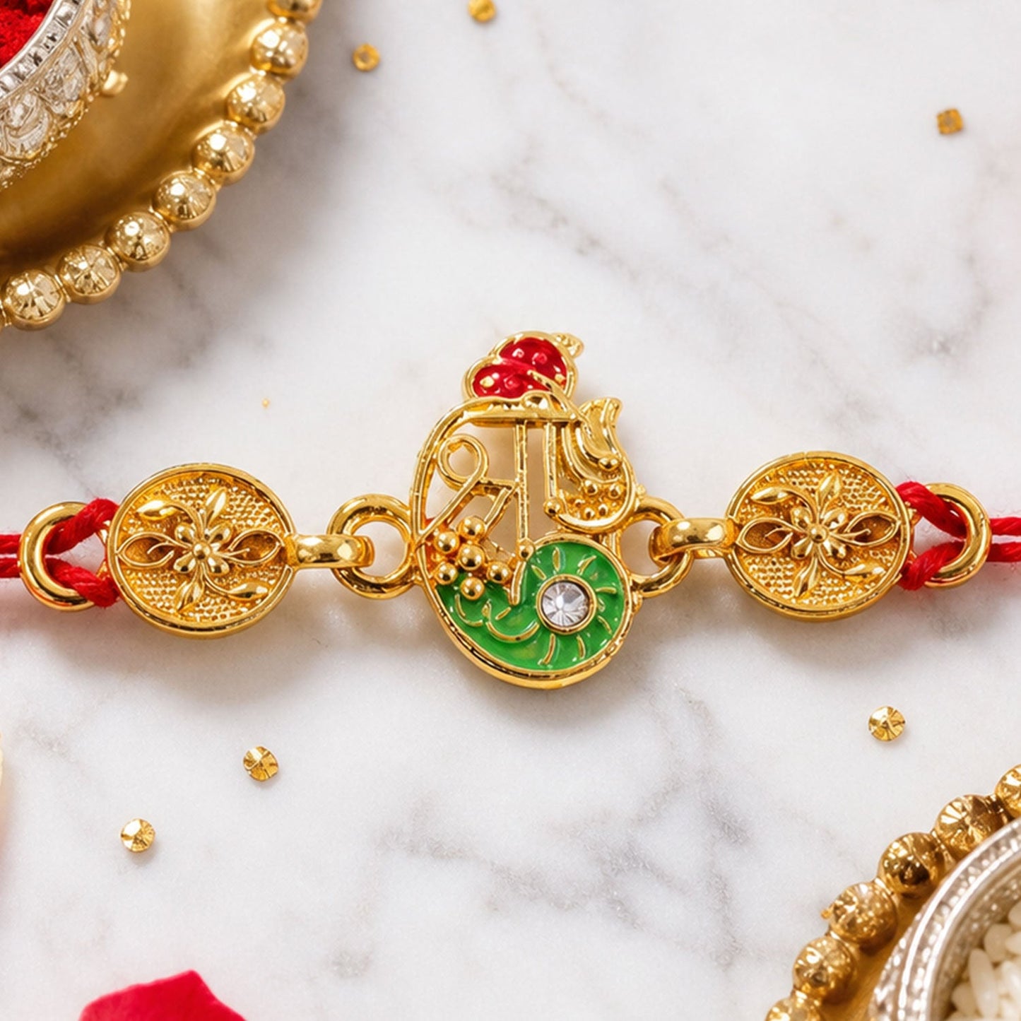 Golden Shri Motif Rakhi with Enamel & Floral Work Rakhi for Brother