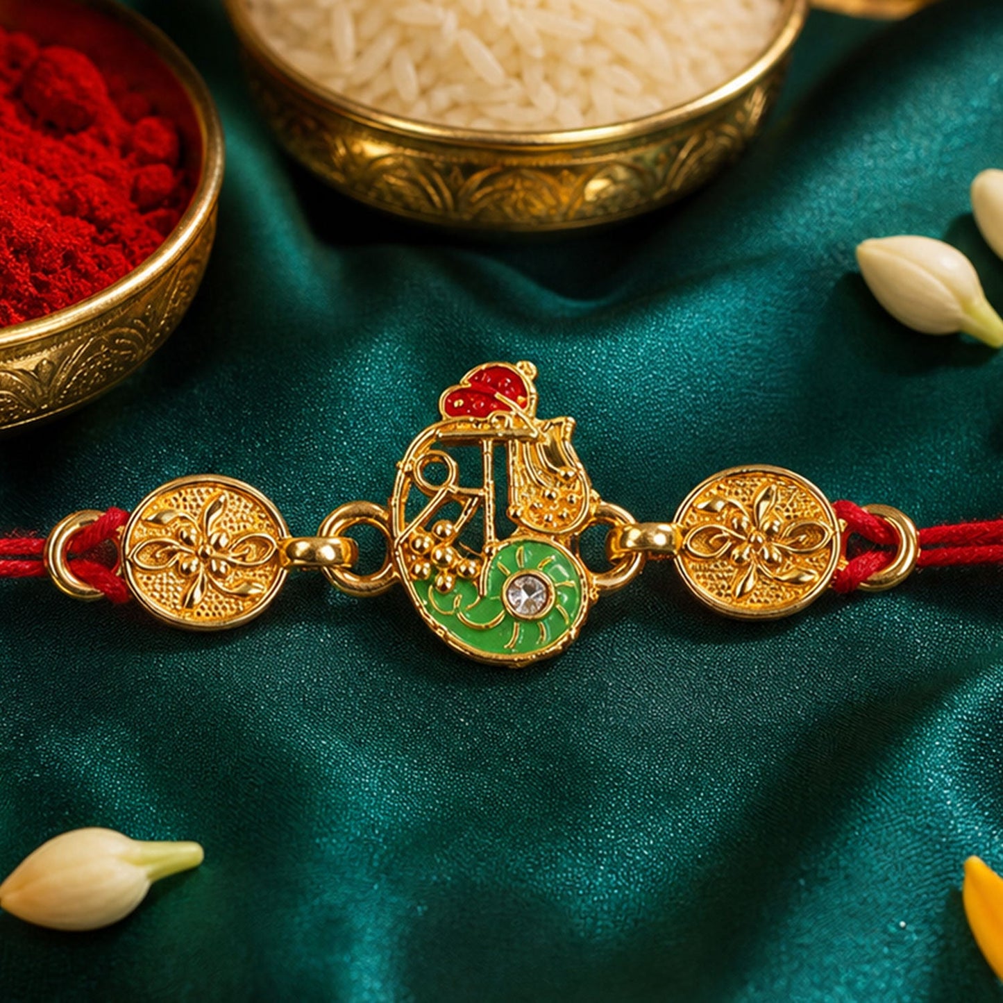 Golden Shri Motif Rakhi with Enamel & Floral Work Rakhi for Brother