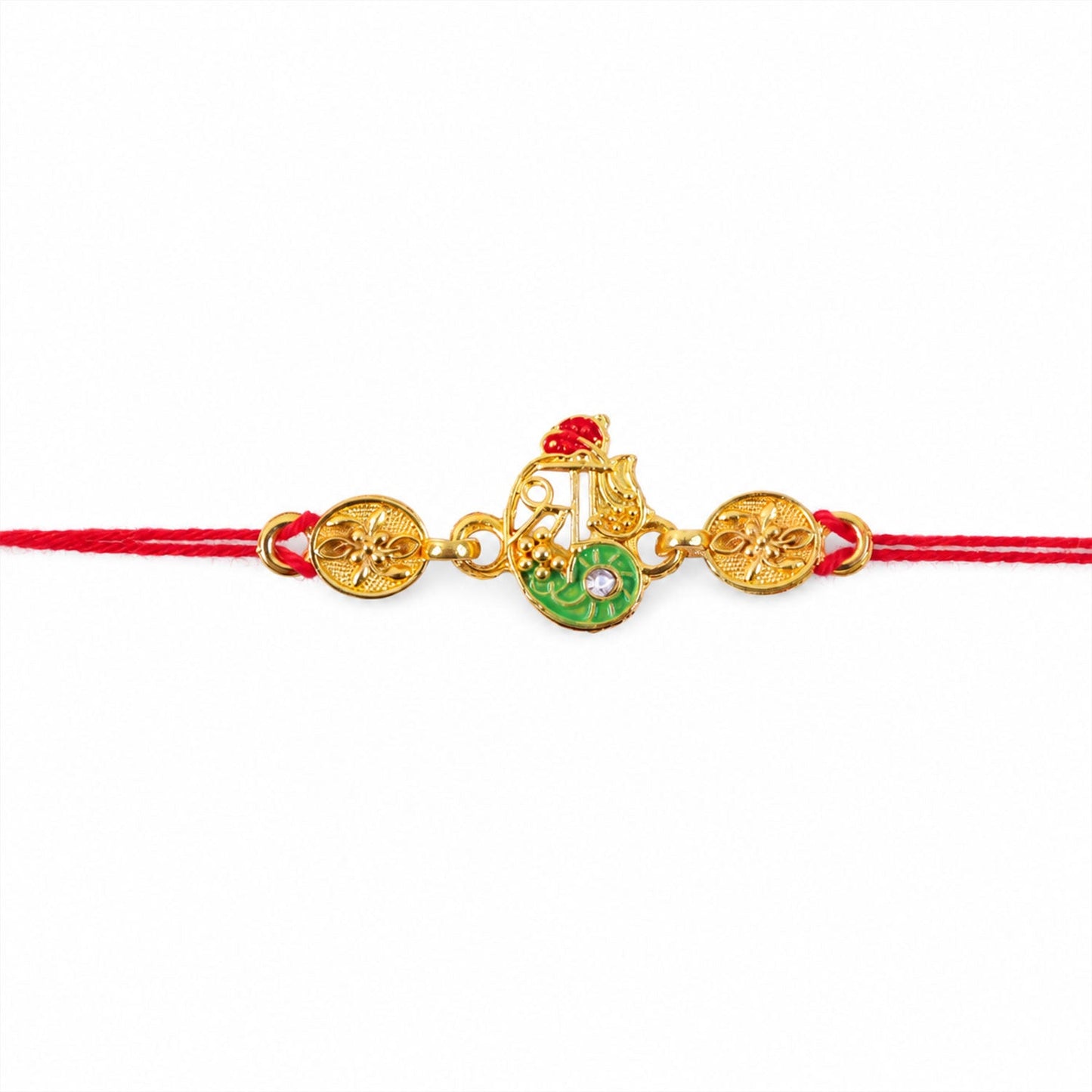 Golden Shri Motif Rakhi with Enamel & Floral Work Rakhi for Brother