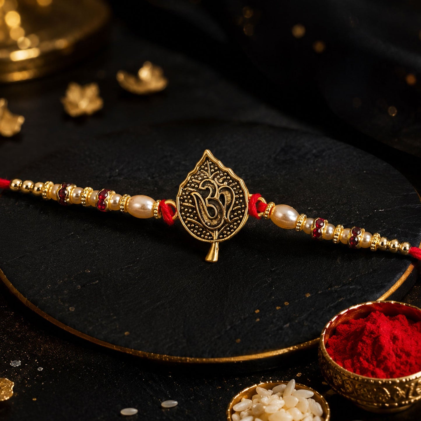 Leaf Shape Om Motif Premium Beaded Designer Rakhi for Brother
