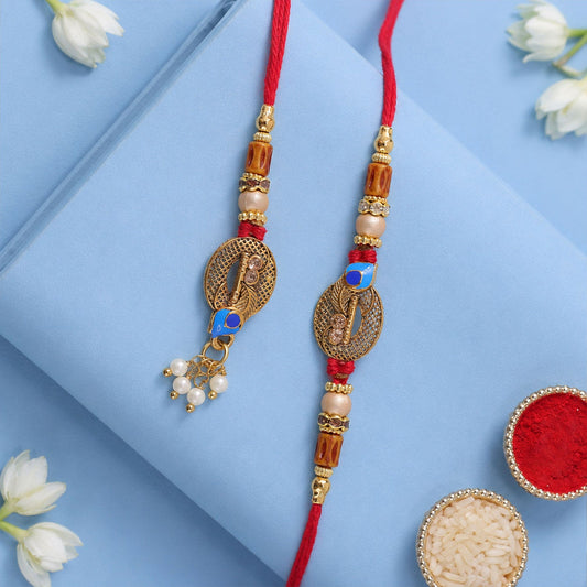 Lumba Rakhi Set for brother and bhabhi featuring beaded traditional design.