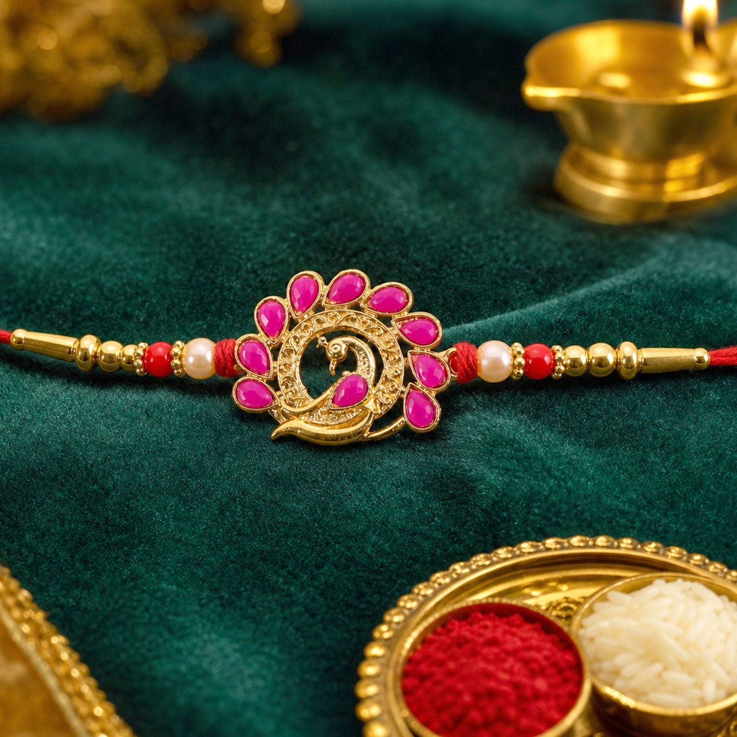 Peacock Motif Stone Studded Premium Designer Rakhi for Brother
