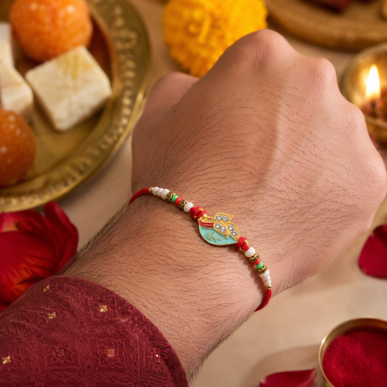 Premium Leaf Motif Traditional Beaded Designer Rakhi for Brother