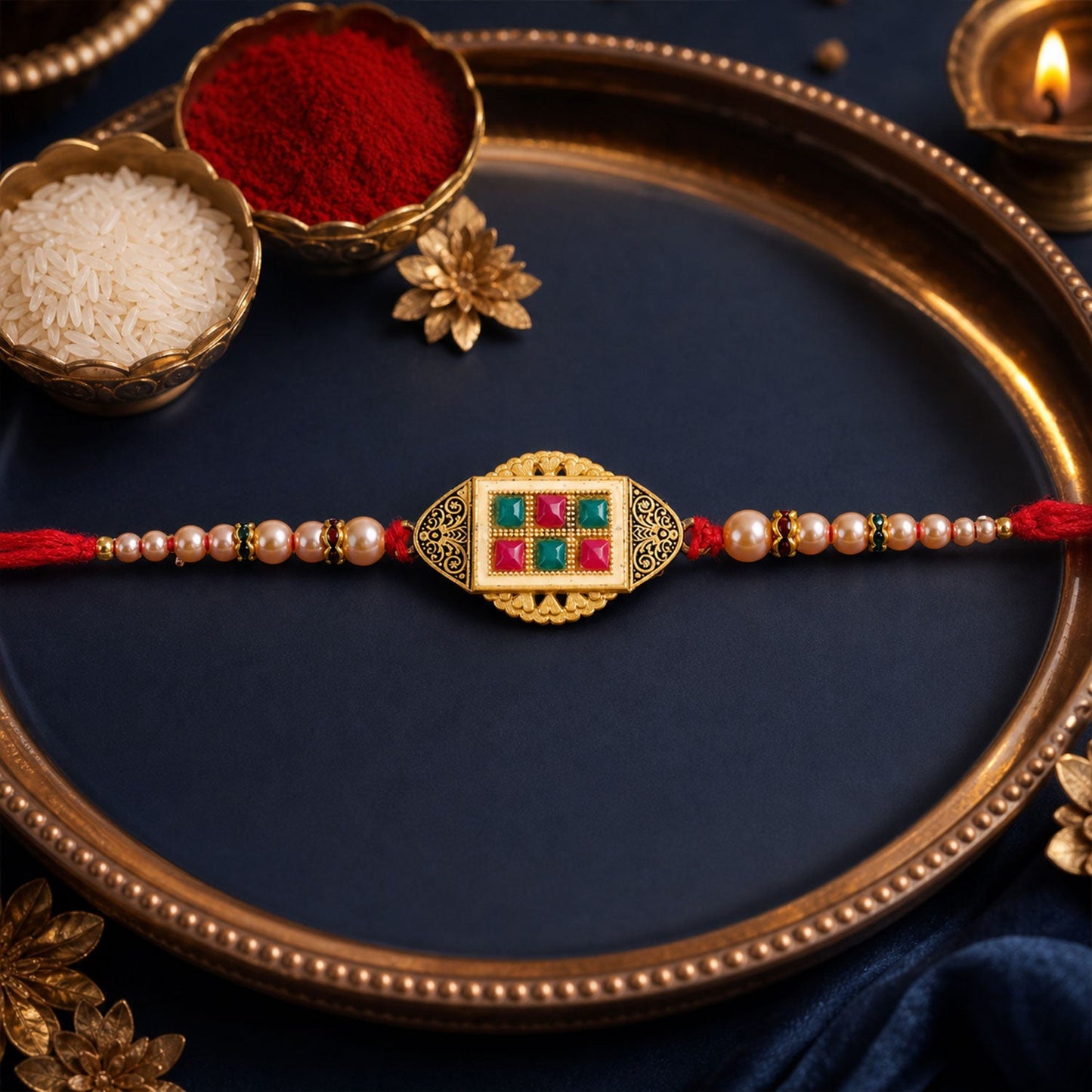 Elegant Kundan Stone Rakhi with Pearl Beadwork – Rakhi for Brother