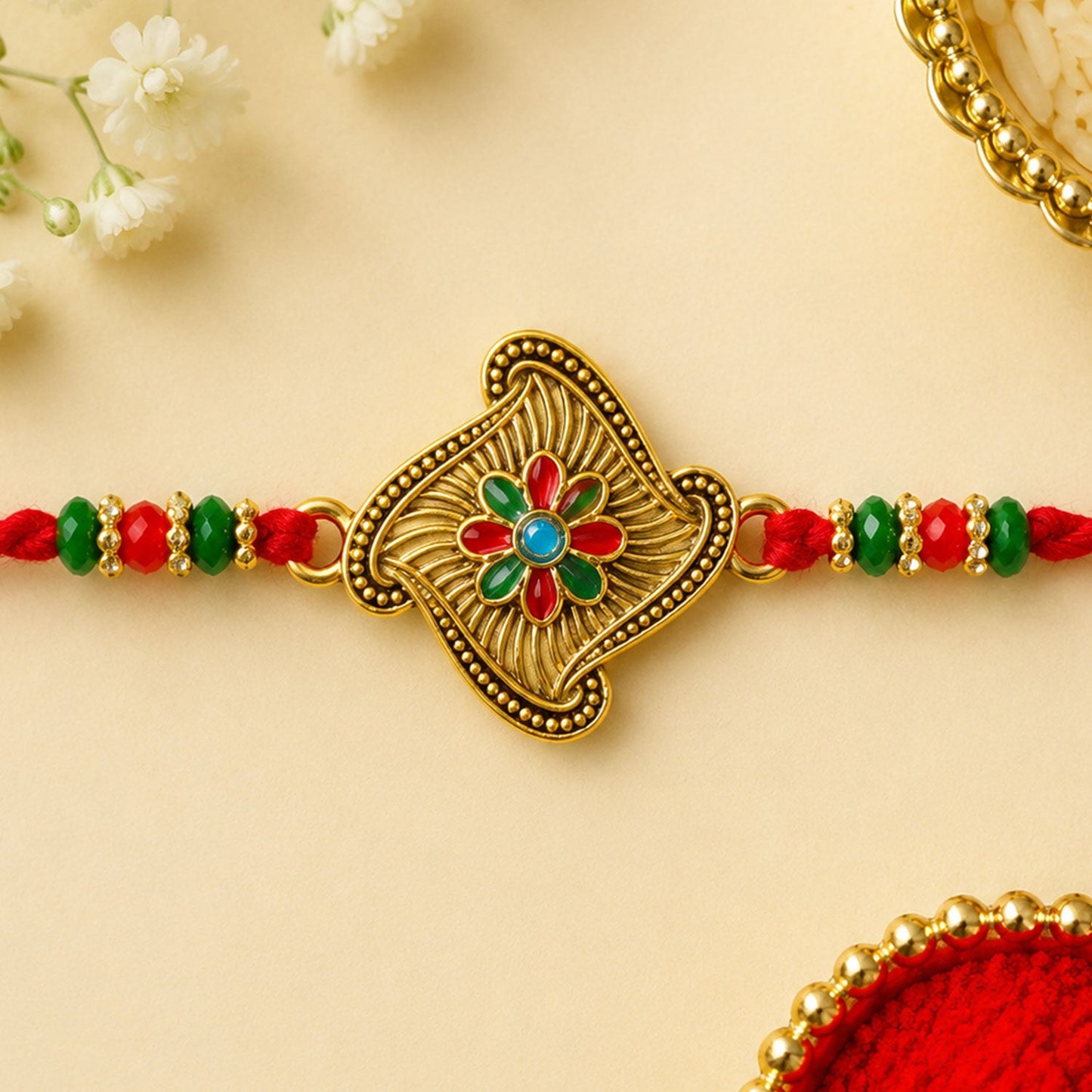 Floral Square Stone Studded Premium Designer Rakhi for Brother