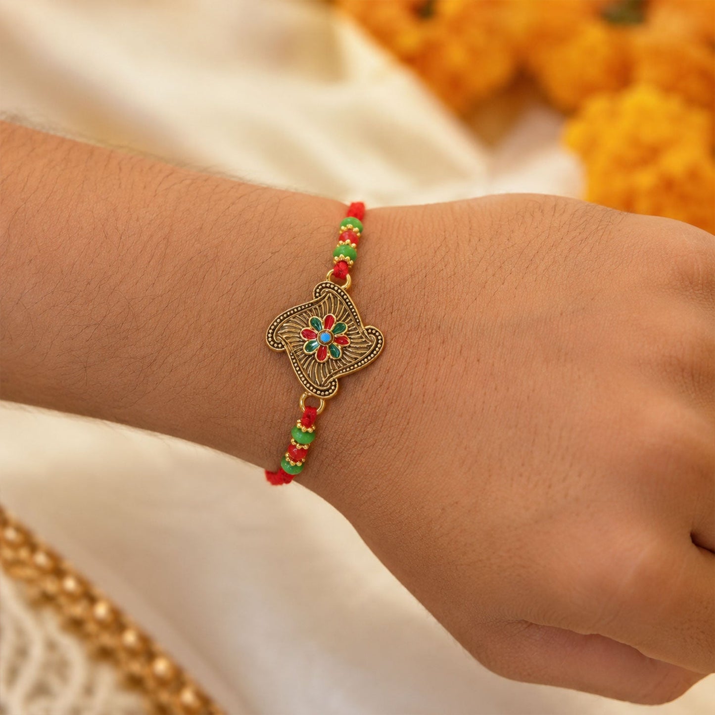 Floral Square Stone Studded Premium Designer Rakhi for Brother