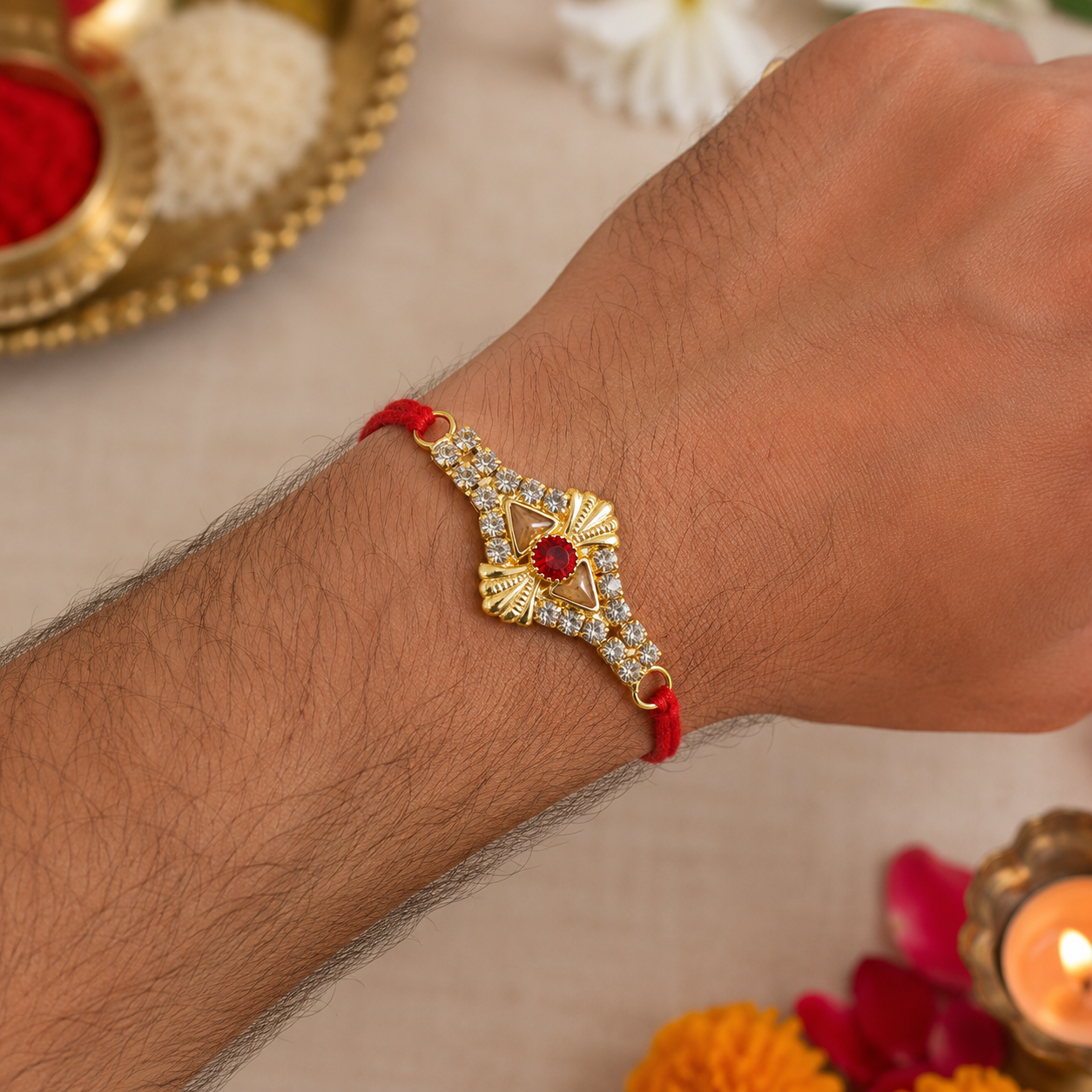 Floral Square Stone Studded Premium Designer Rakhi for Brother