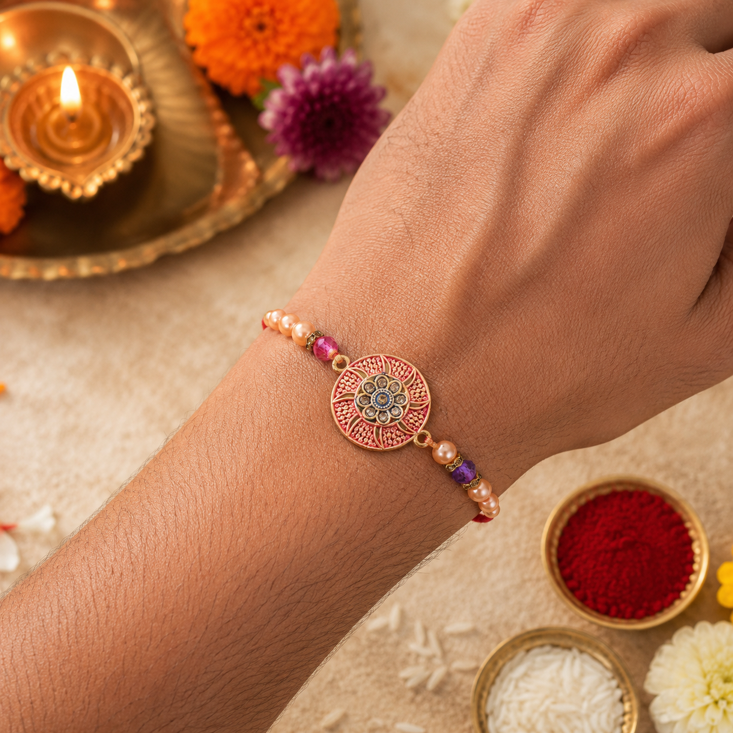 Round Medallion Stone Studded Premium Designer Rakhi for Brother