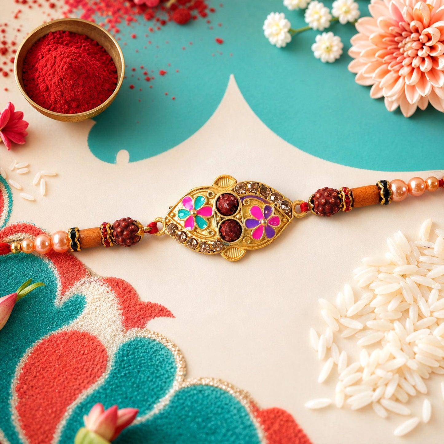 Designer Enamel Flower Rakhi with Rudraksha Beads – Rakhi for Brother
