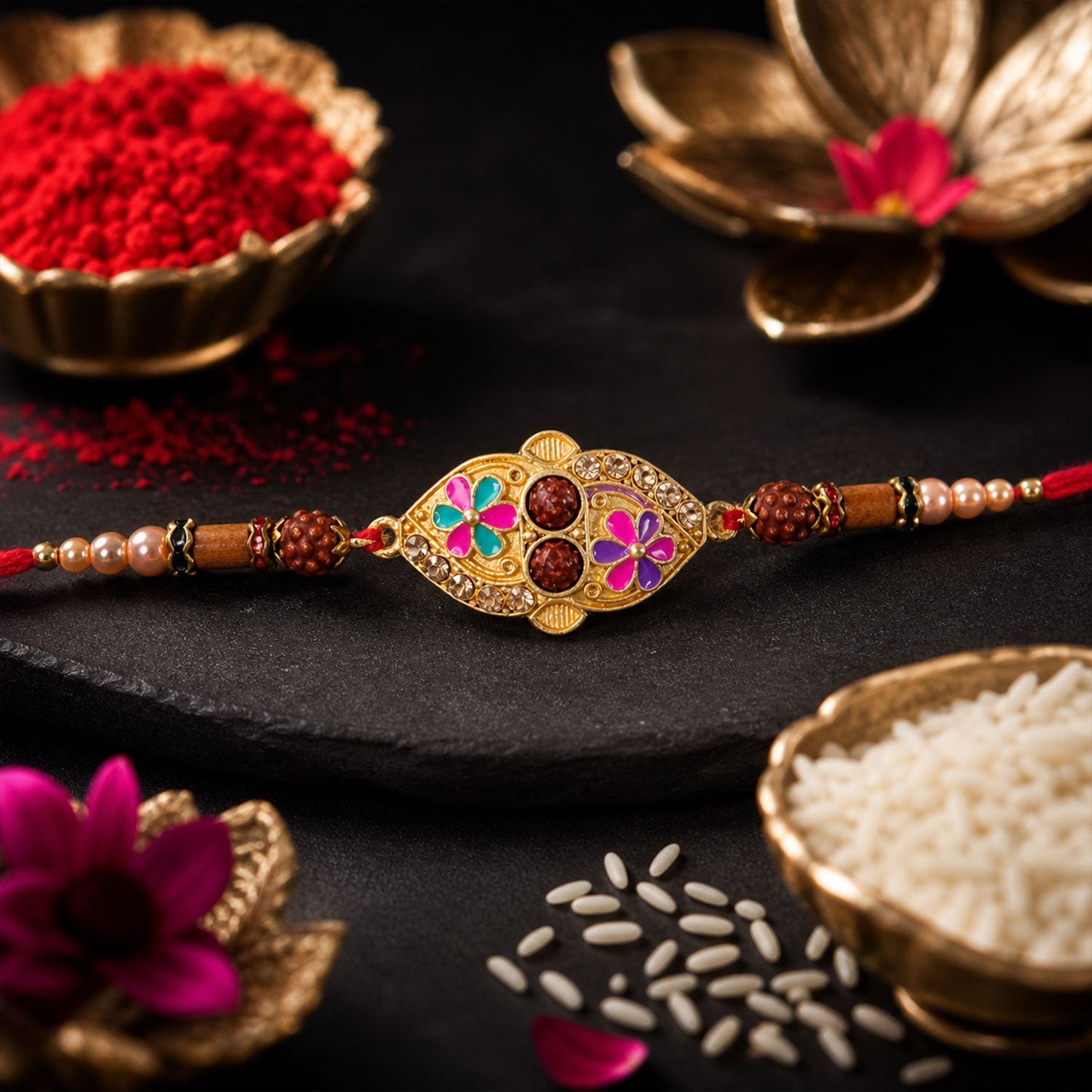 Designer Enamel Flower Rakhi with Rudraksha Beads – Rakhi for Brother