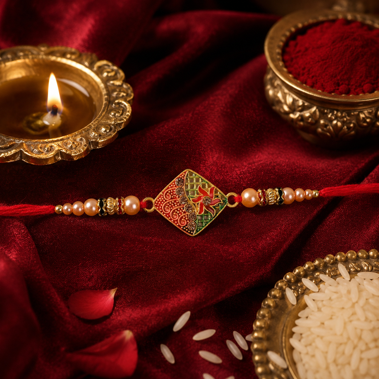 Designer Enamel Diamond Rakhi with Pearl Beadwork – Rakhi for Brother