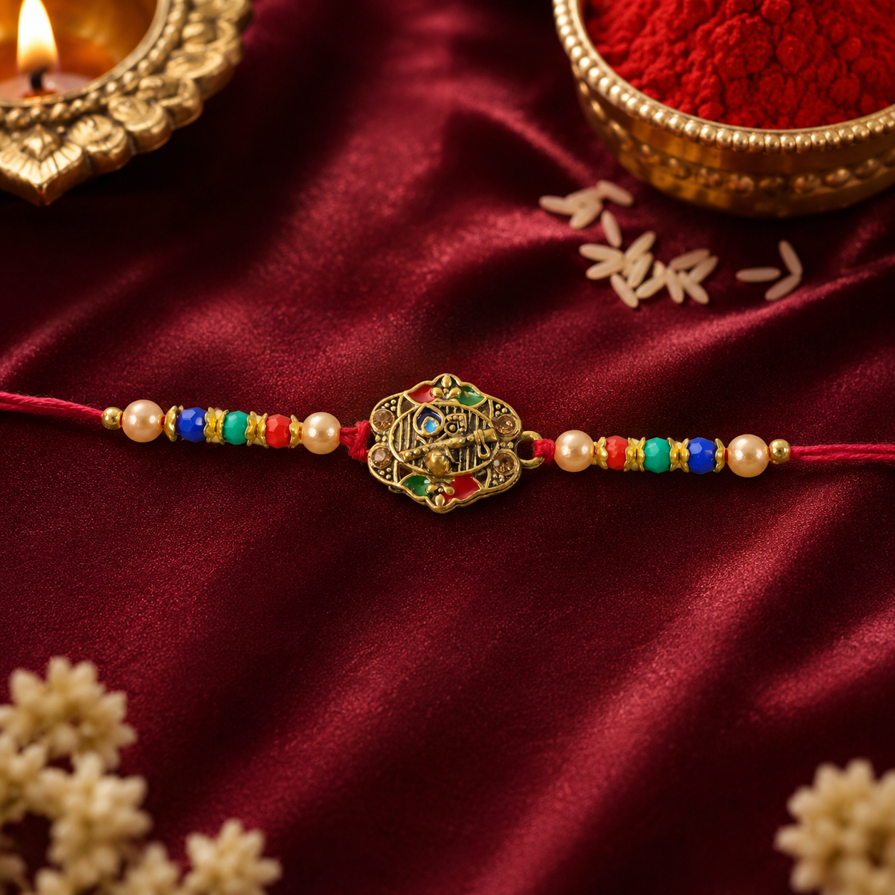 Premium Krishna Flute Motif Beaded Designer Rakhi for Brother