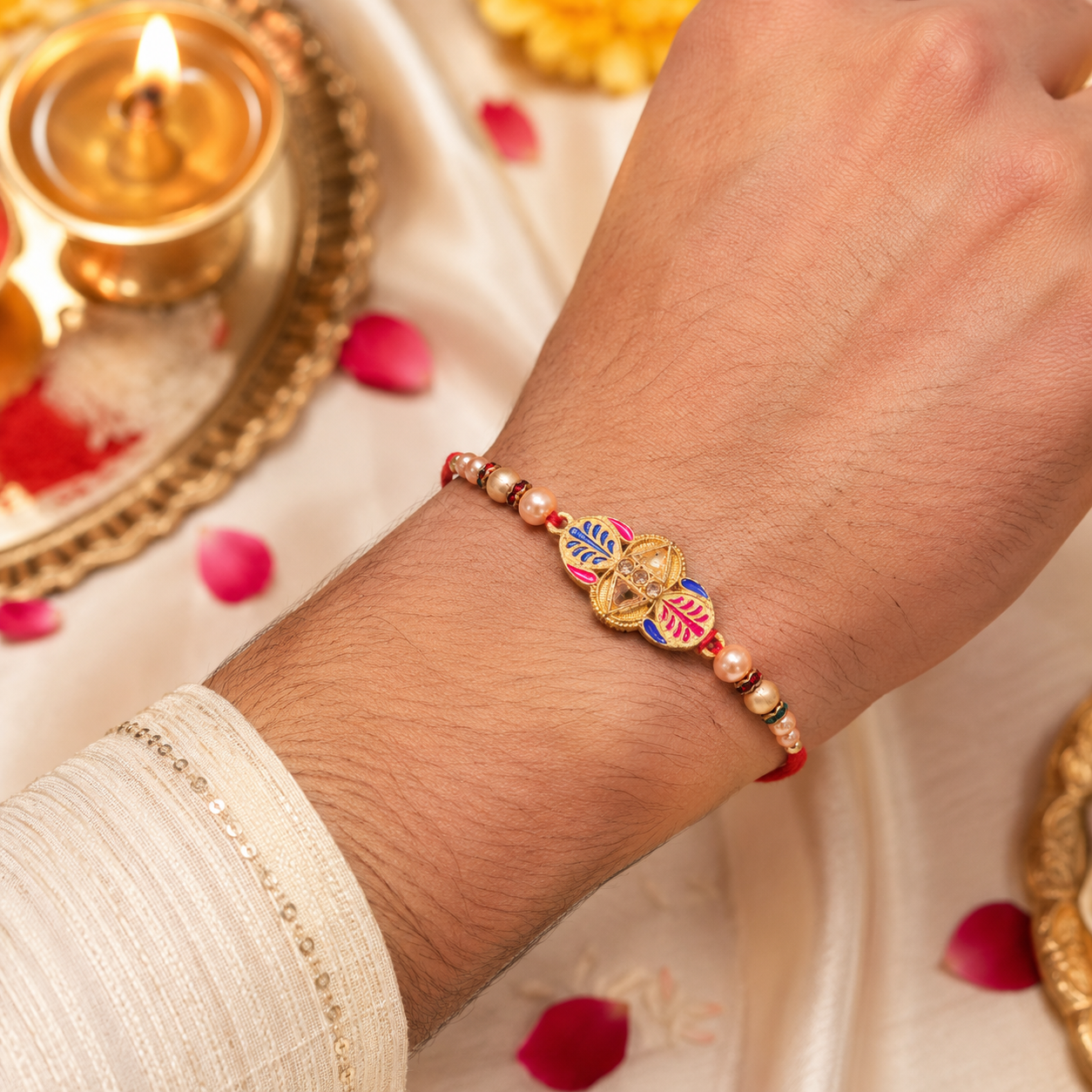 Premium Traditional Leaf Motif Pearl Beads Designer Rakhi For Brother