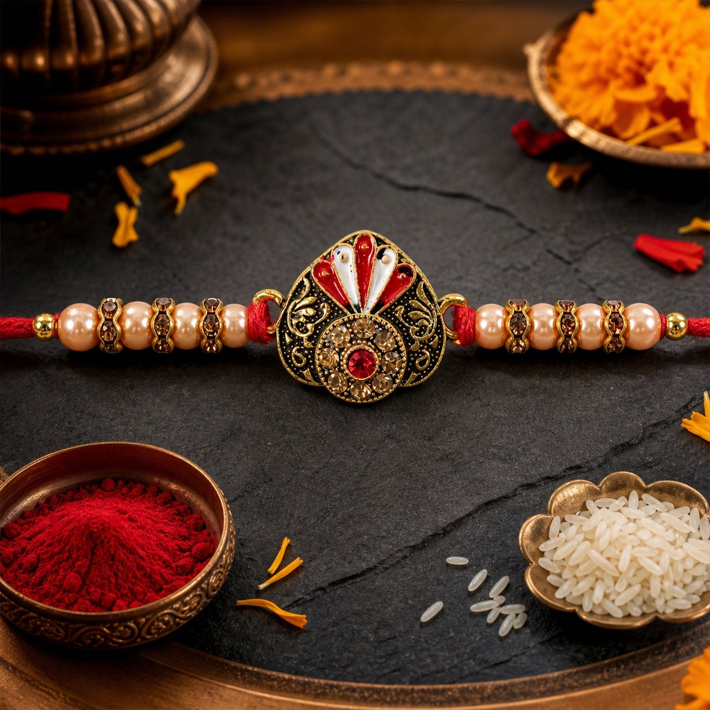 Ornate Floral Stone Studded Premium Designer Rakhi for Brother