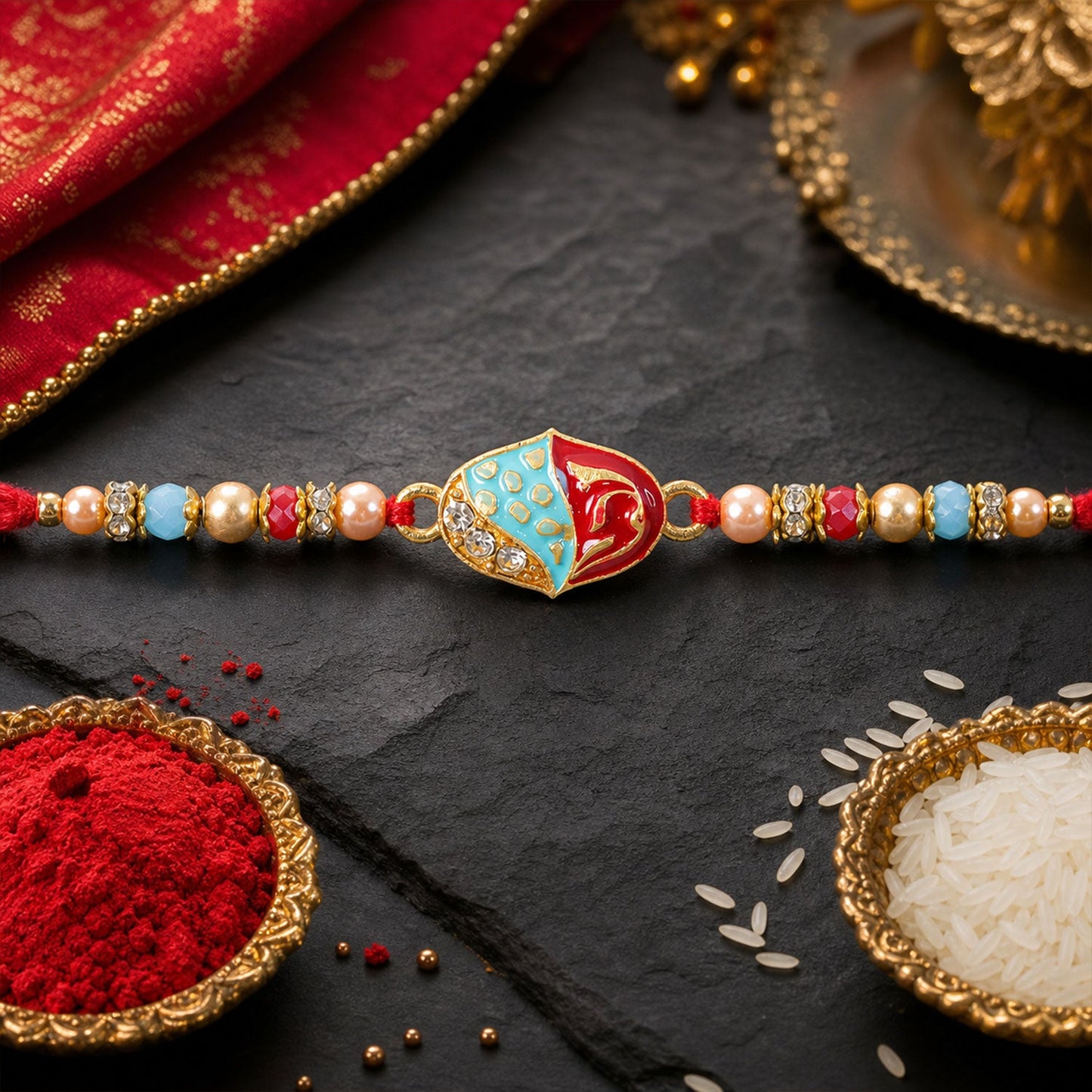 Premium Elegant Meenakari Oval Rakhi with Beadwork – Rakhi for Brother