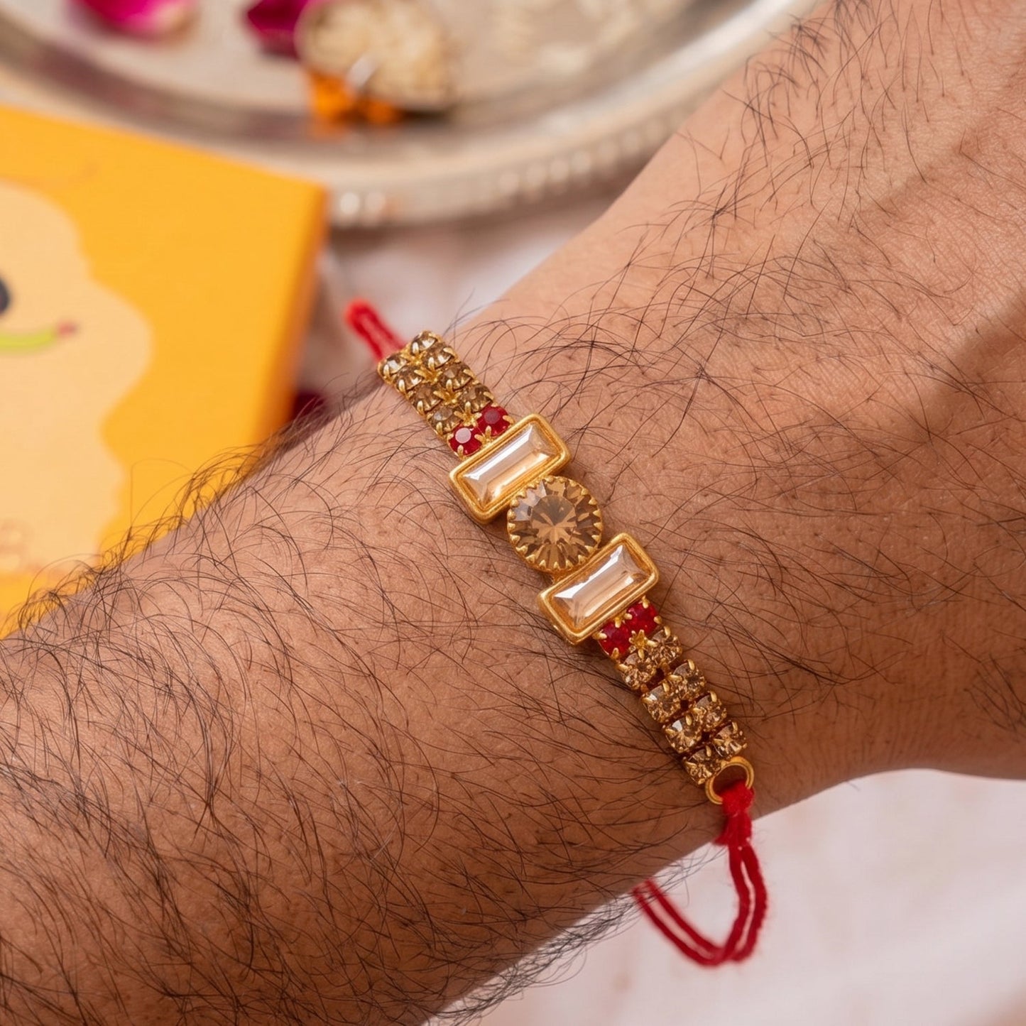 Gold Cylinder Bracelet Rakhi for Brother Bhai Raksha Bandhan Festival Special Gift