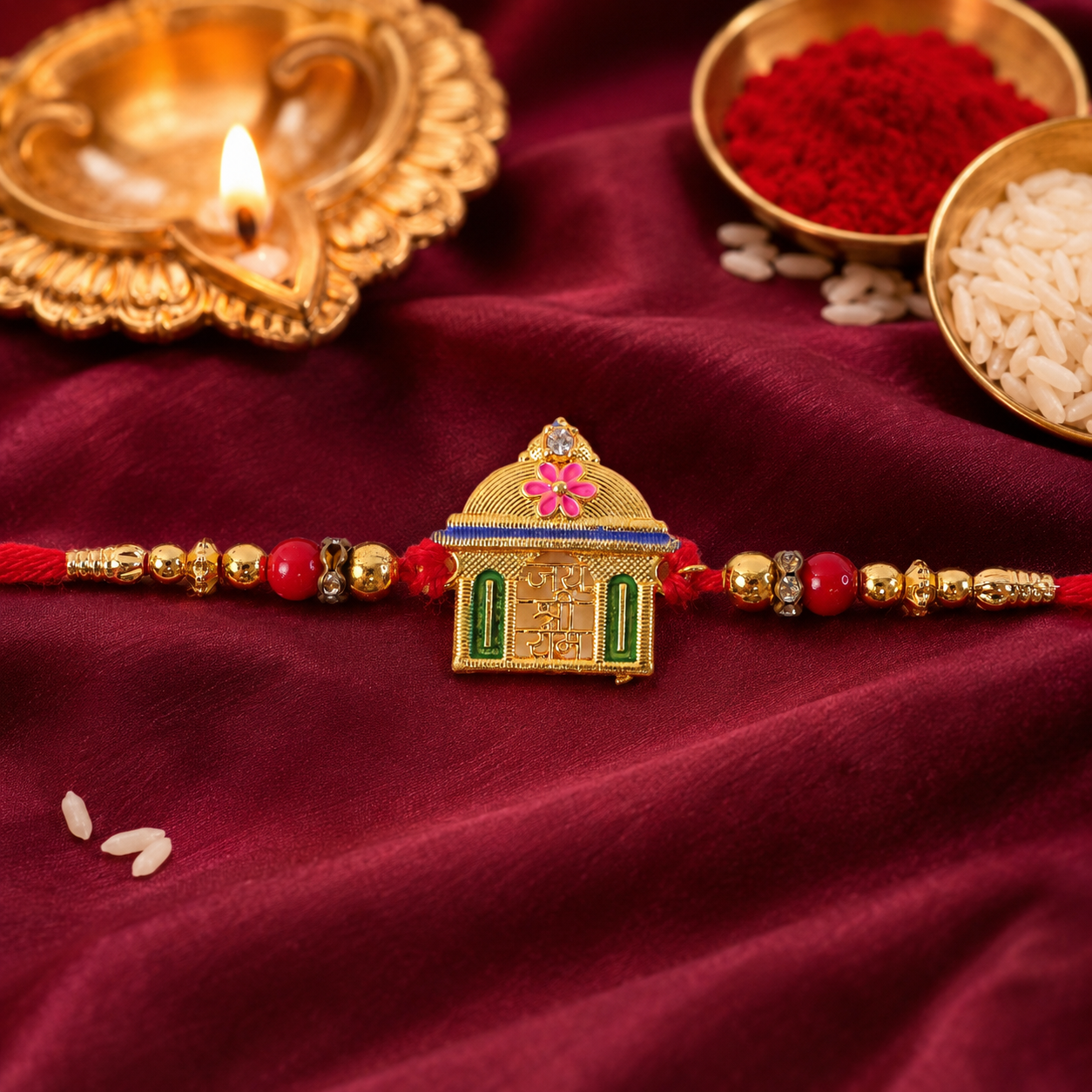Jay Shree Ram Temple Motif Beaded Designer Premium Traditional Rakhi for Brother