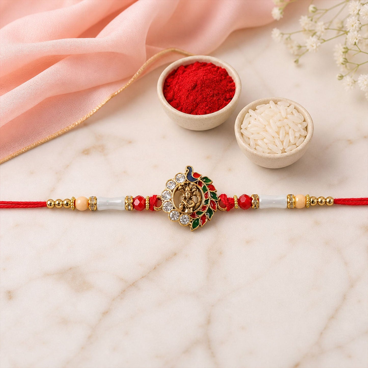 Divine Krishna Peacock Rakhi with Stones & Beads Rakhi for Brother