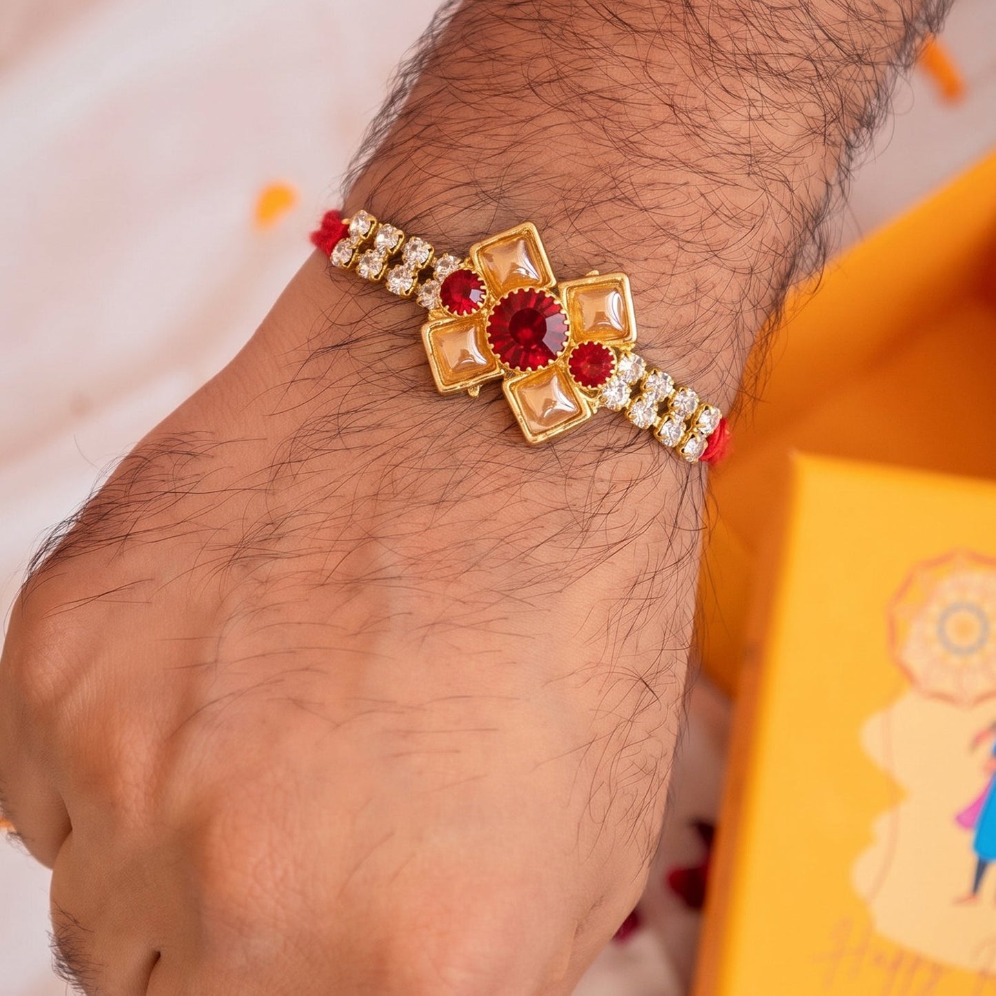 Red Floral Stone Bracelet Rakhi for Brother Bhai Raksha Bandhan Festival Special Gift