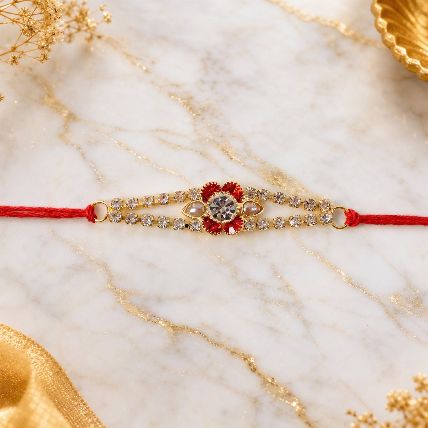 Red Flower Crystal Bracelet Rakhi for Brother Bhai Raksha Bandhan Festival Special Gift