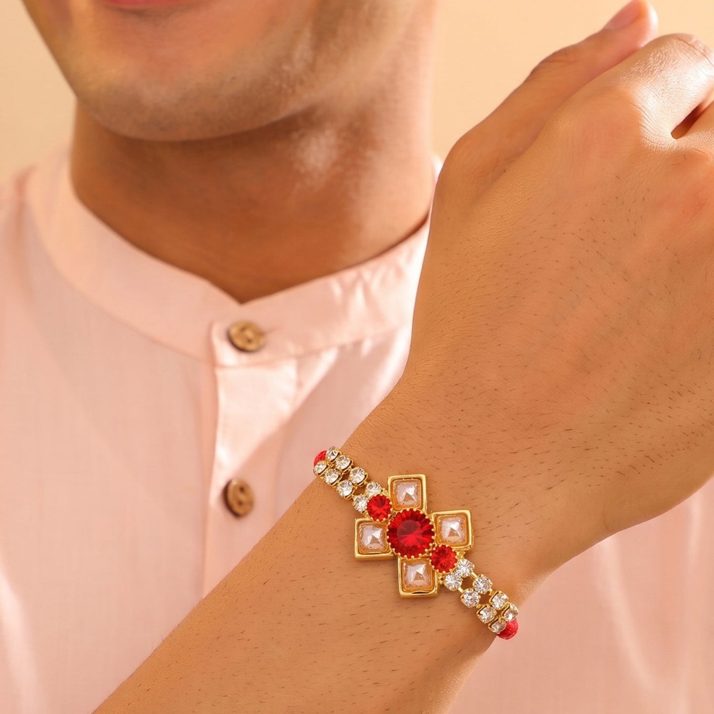 Ruby Flower Pearl Bracelet Rakhi for Brother Bhai Raksha Bandhan Festival Special Gift