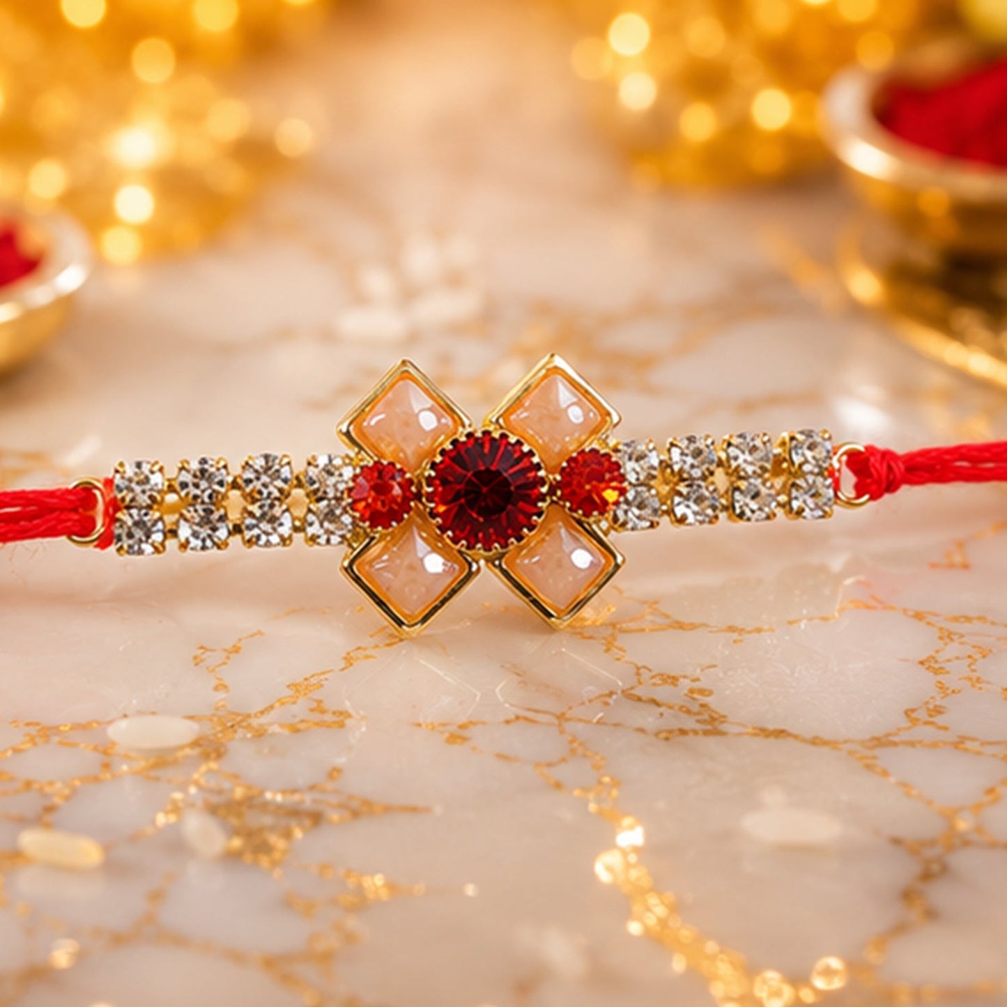 Ruby Flower Pearl Bracelet Rakhi for Brother Bhai Raksha Bandhan Festival Special Gift