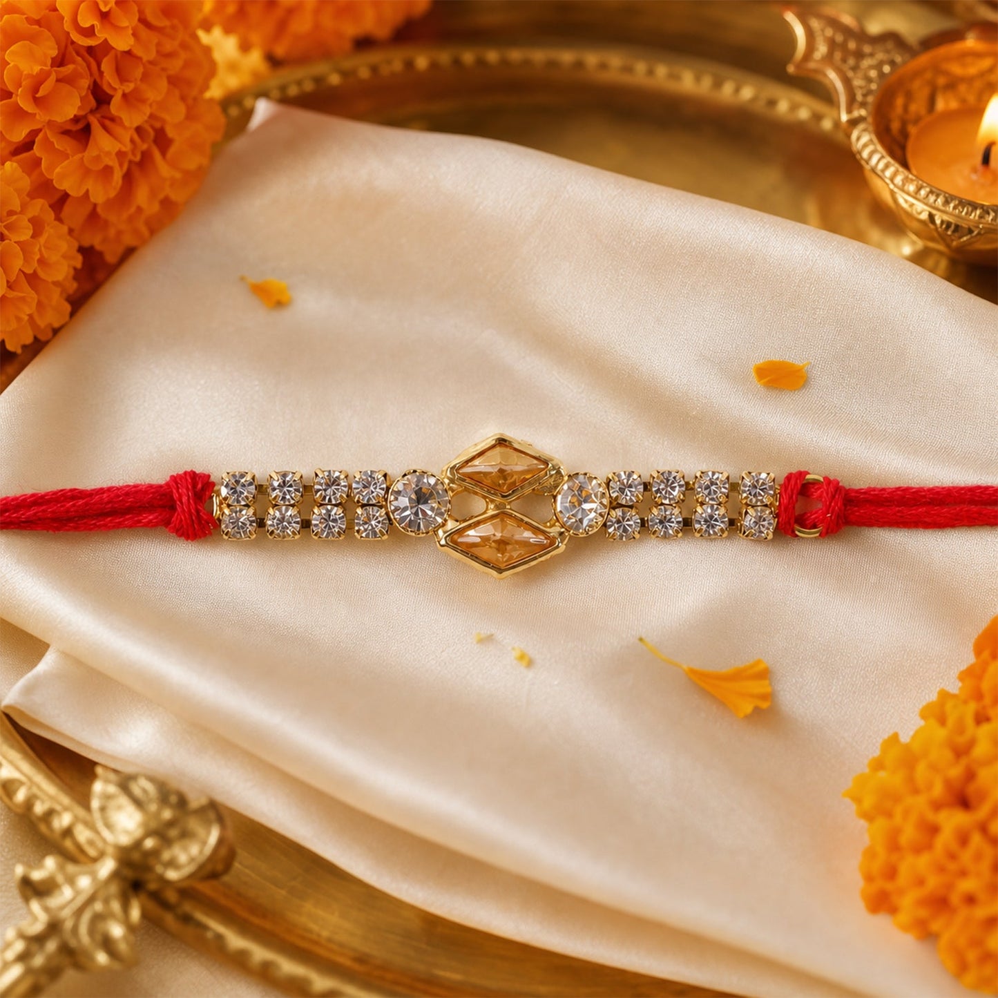 Golden Diamond Stone Bracelet Rakhi for Brother Bhai Raksha Bandhan Festival Gift