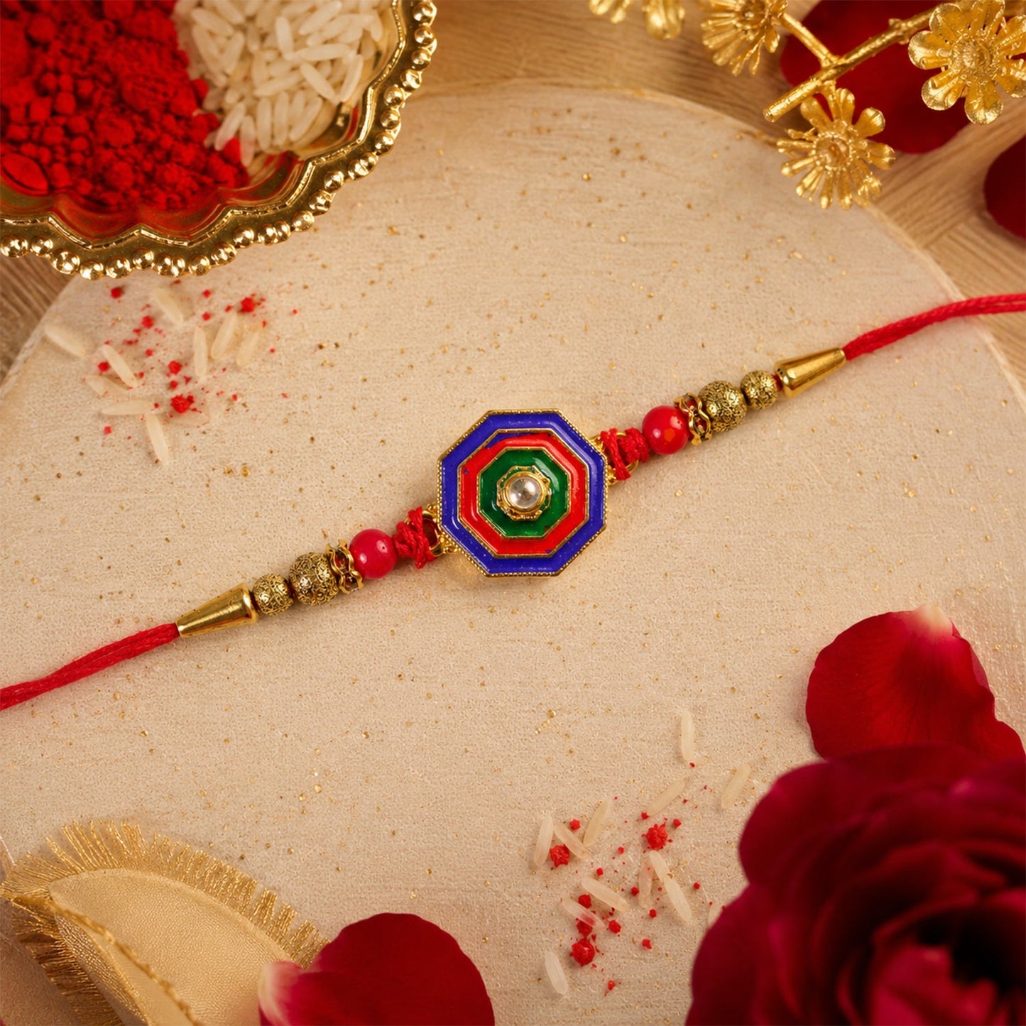 Octagon Meenakari Stone Rakhi for Brother Bhai Raksha Bandhan Festival Special Gift