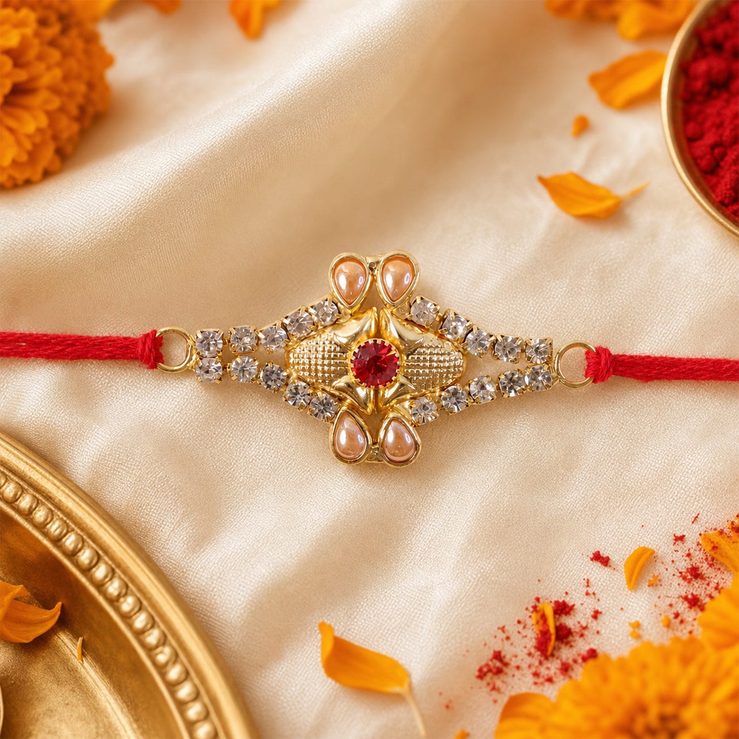Pearl Flower Red Stone Rakhi for Brother Bhai Raksha Bandhan Festival Special Gift