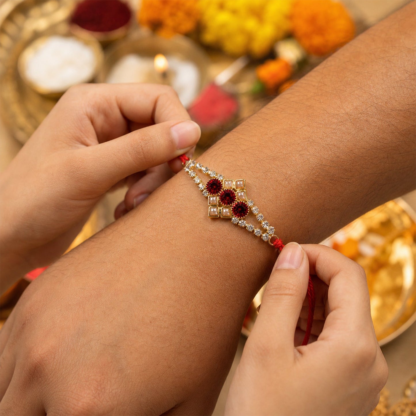 Ruby Floral Stone Bracelet Rakhi for Brother Bhai Raksha Bandhan Festival Special Gift