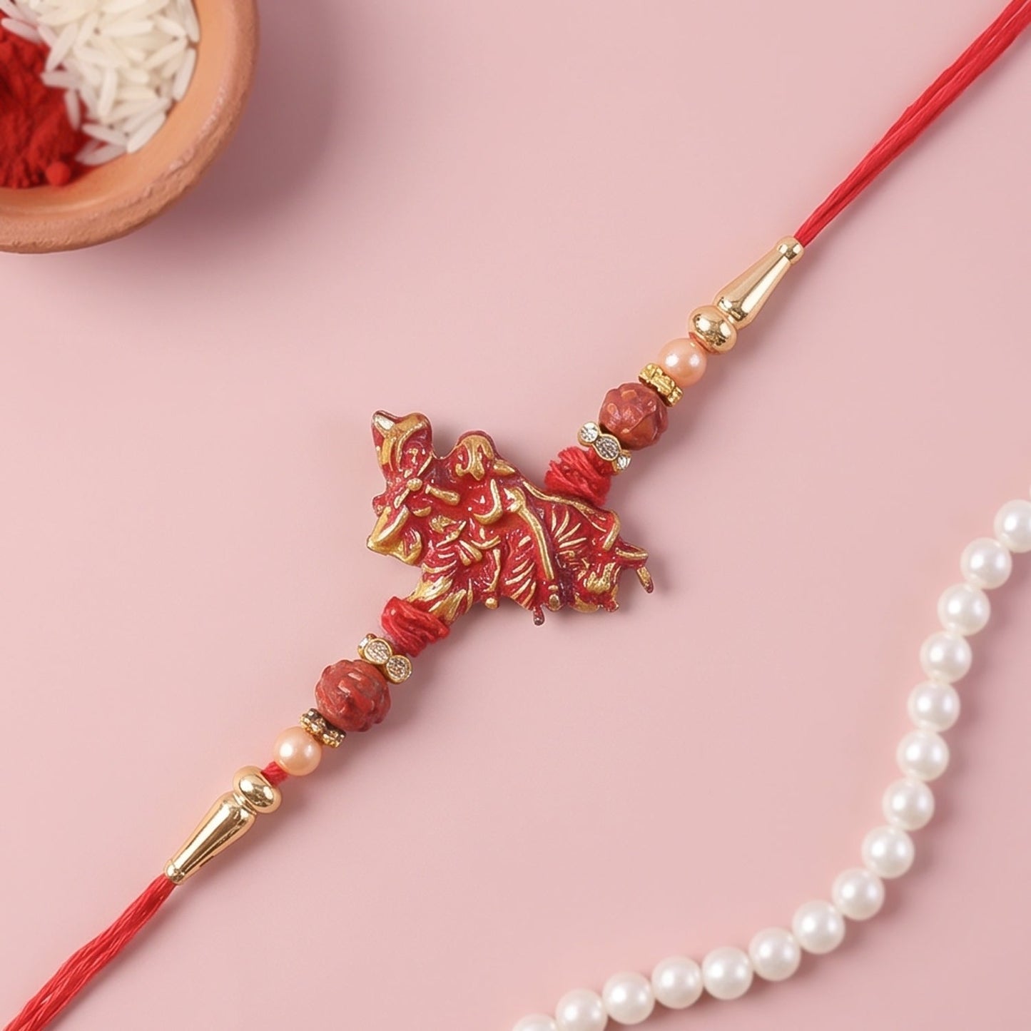 Ganesha Red Beads Charm Rakhi for Brother Bhai Raksha Bandhan Festival Special Gift