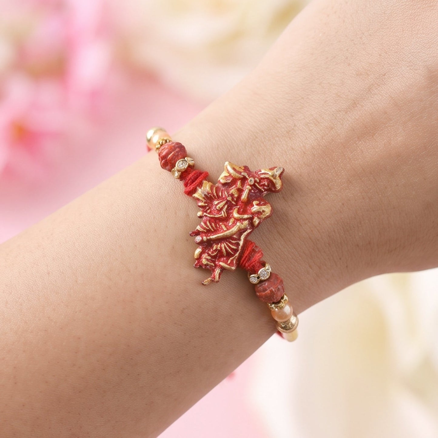 Ganesha Red Beads Charm Rakhi for Brother Bhai Raksha Bandhan Festival Special Gift