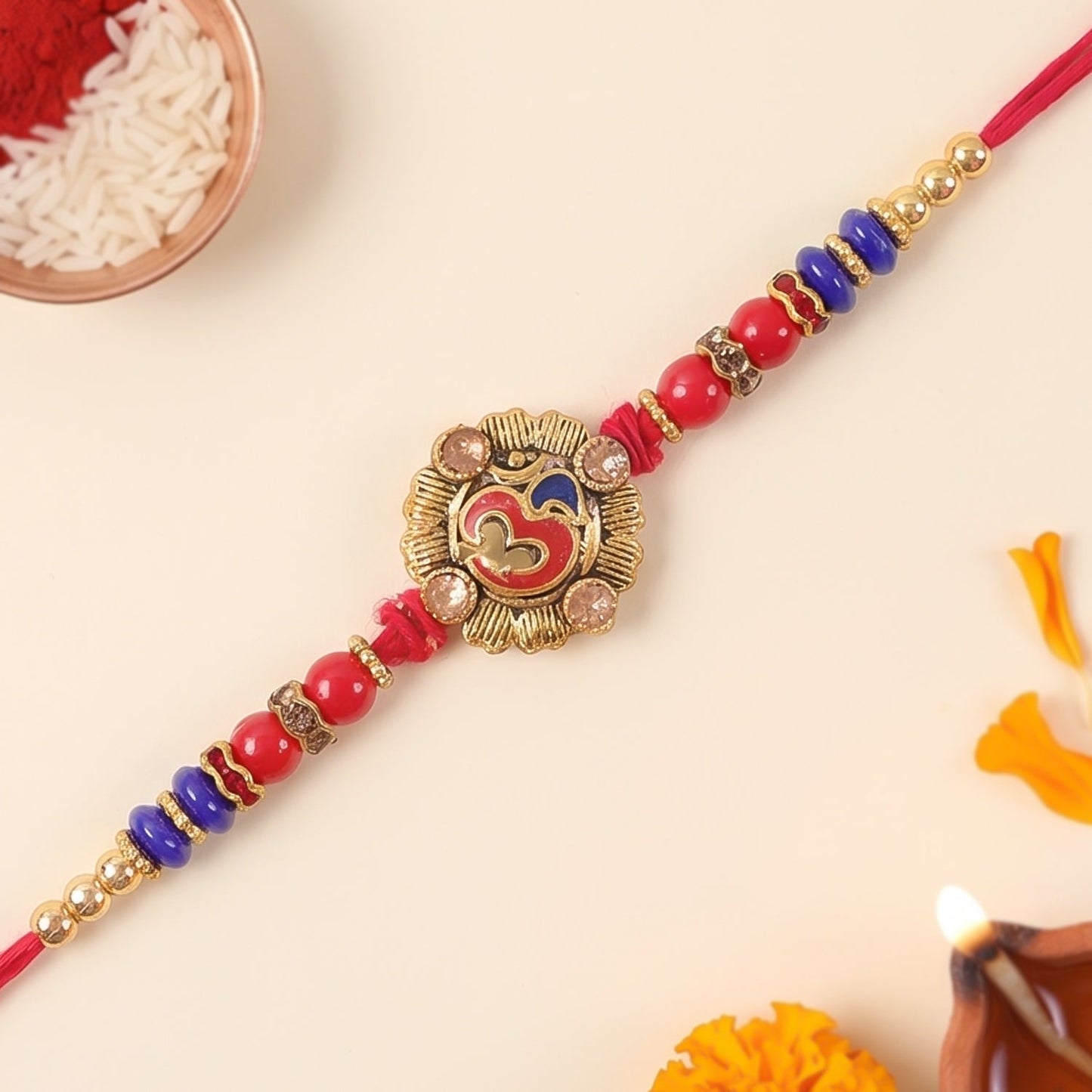 Om Red Blue Beads Charm Rakhi for Brother Bhai Raksha Bandhan Festival Special Gift