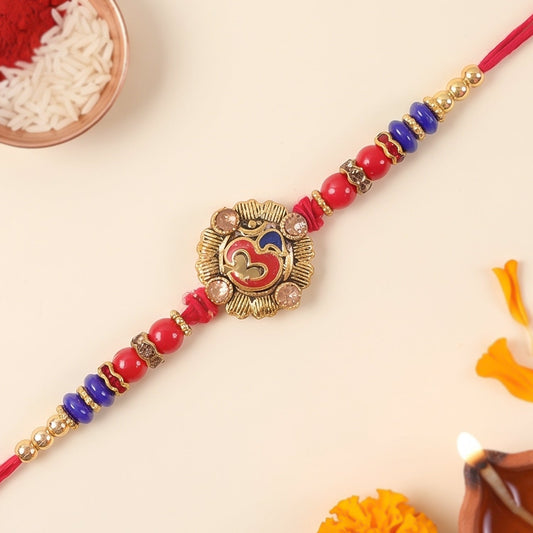 Om Red Blue Beads Charm Rakhi for Brother Bhai Raksha Bandhan Festival Special Gift