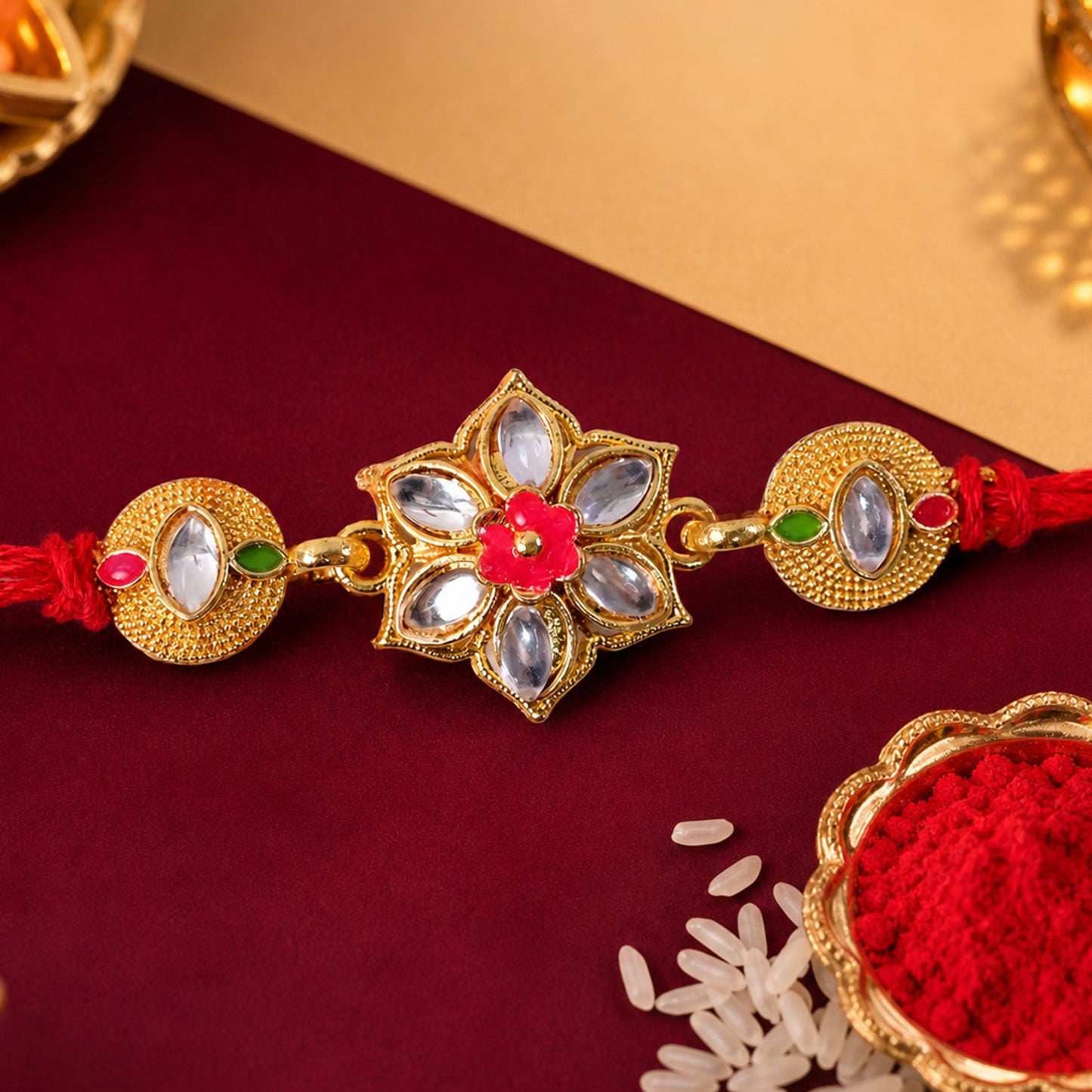 Floral Stone Studded Designer Premium Traditional Rakhi for Brother