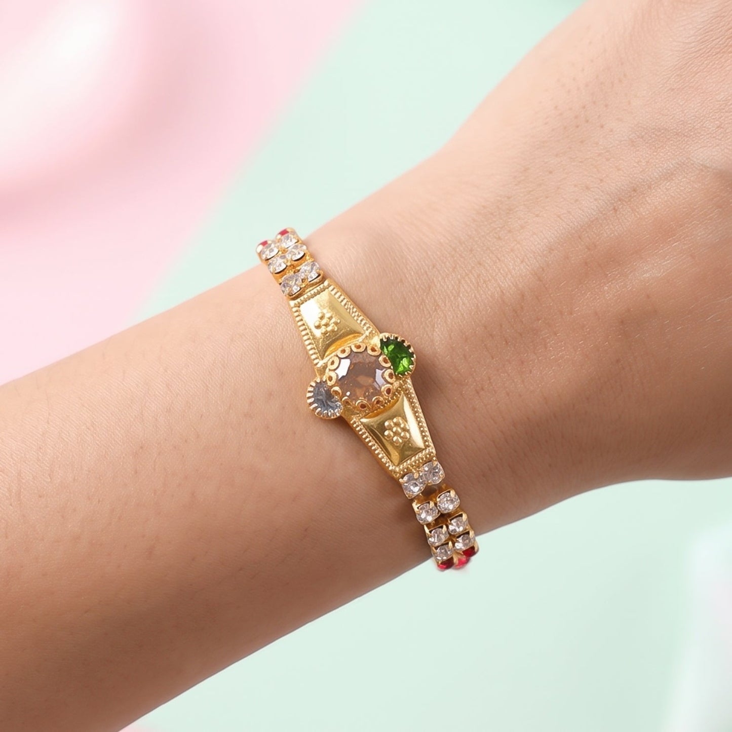 Golden Kundan Bracelet Rakhi for Brother Bhai Raksha Bandhan Festival Special Gift