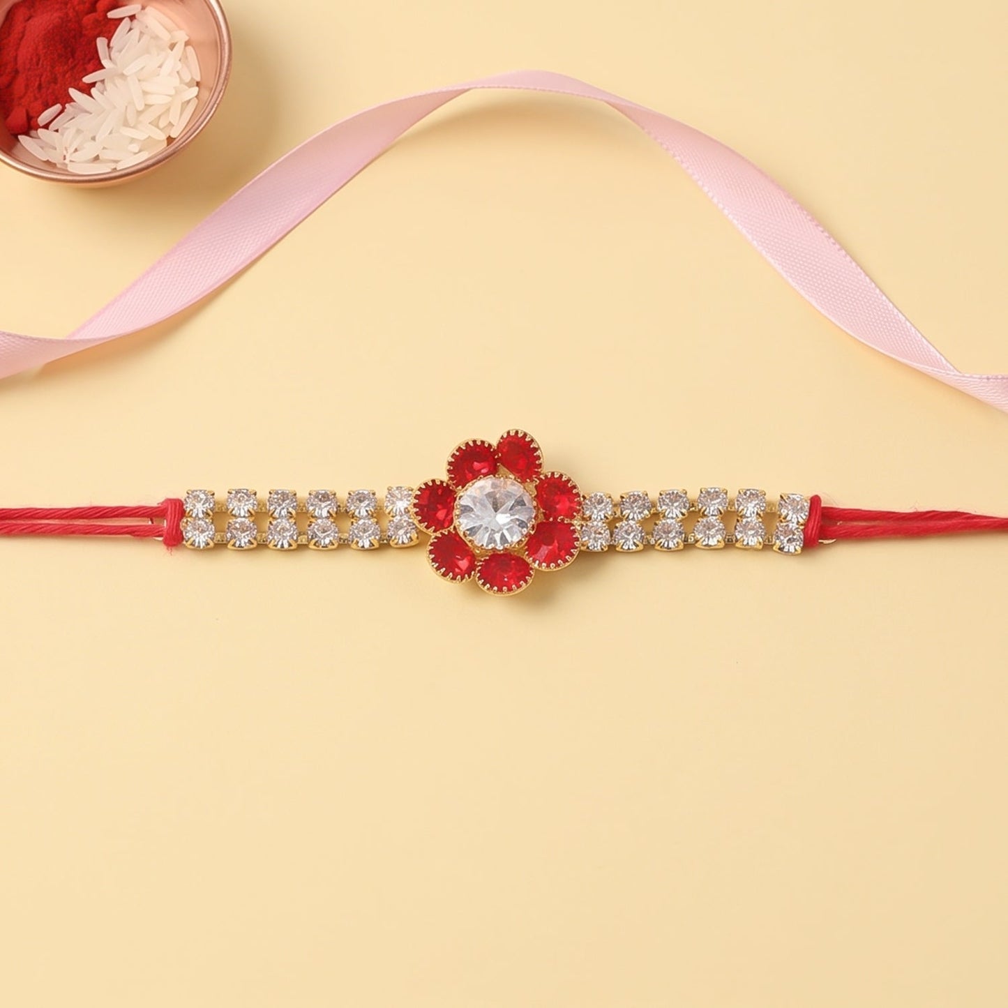 Red Flower Pearl Bracelet Rakhi for Brother Bhai Raksha Bandhan Festival Special Gift