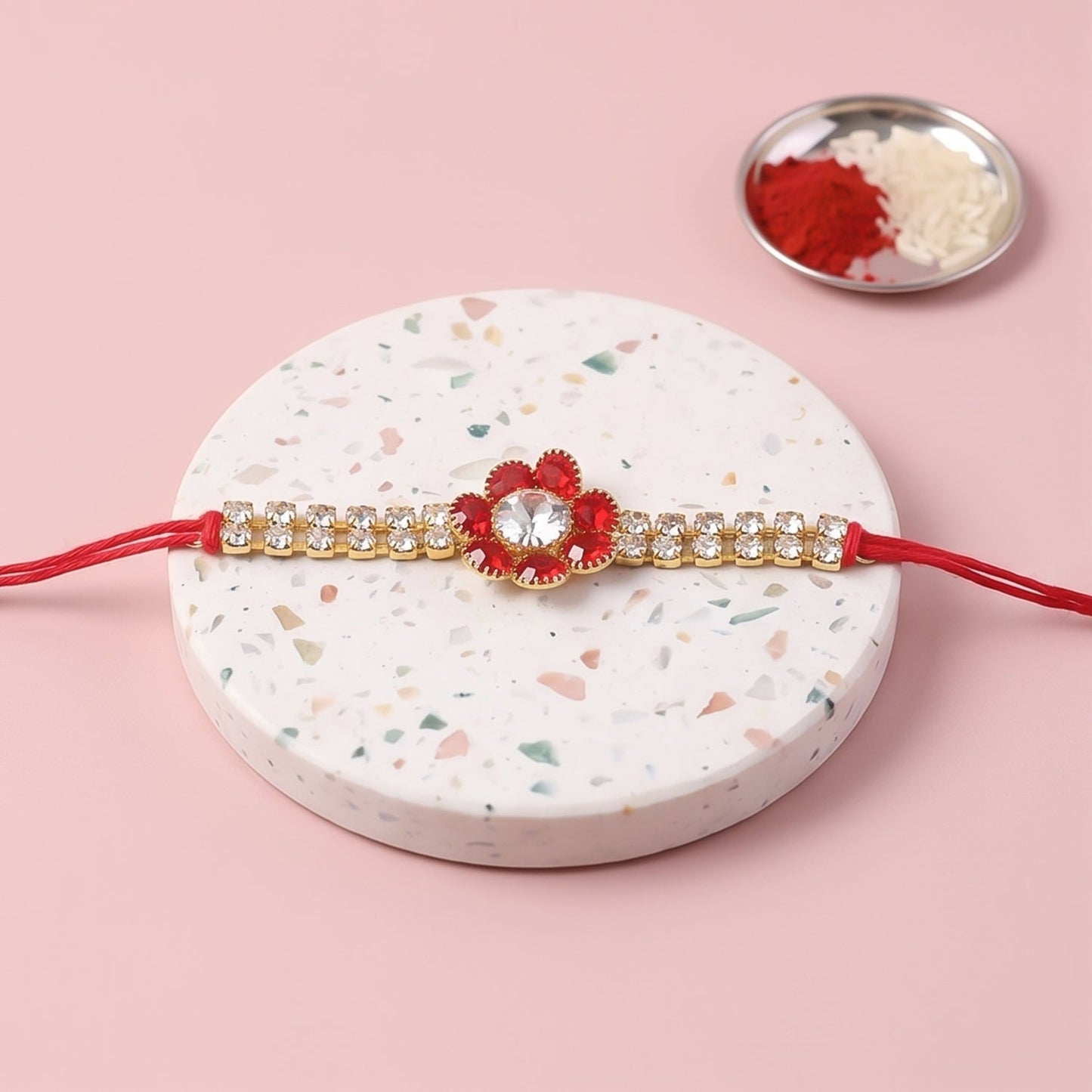 Red Flower Pearl Bracelet Rakhi for Brother Bhai Raksha Bandhan Festival Special Gift