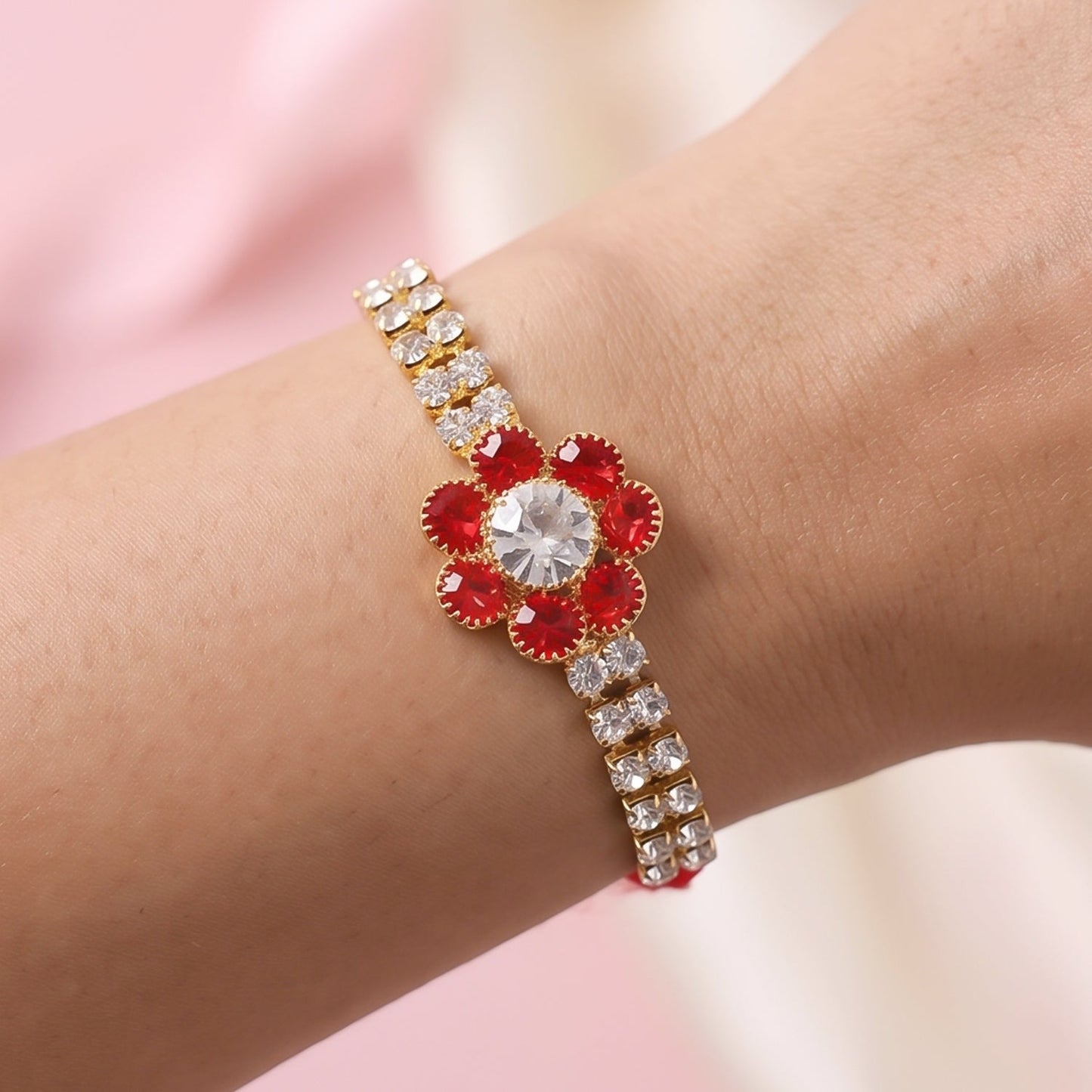 Red Flower Pearl Bracelet Rakhi for Brother Bhai Raksha Bandhan Festival Special Gift