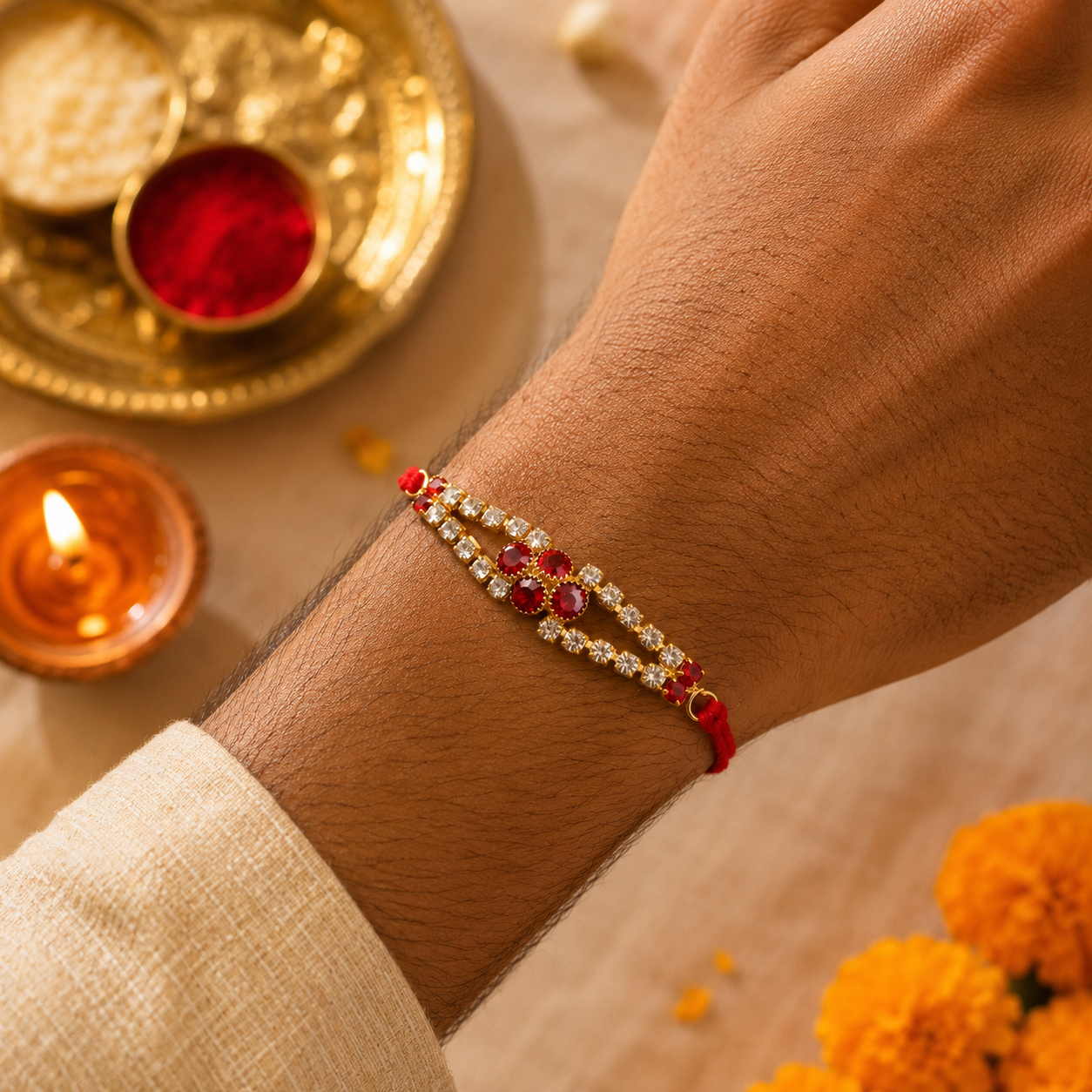 Floral Stone Studded Bar Premium Designer Traditional Rakhi for Brother