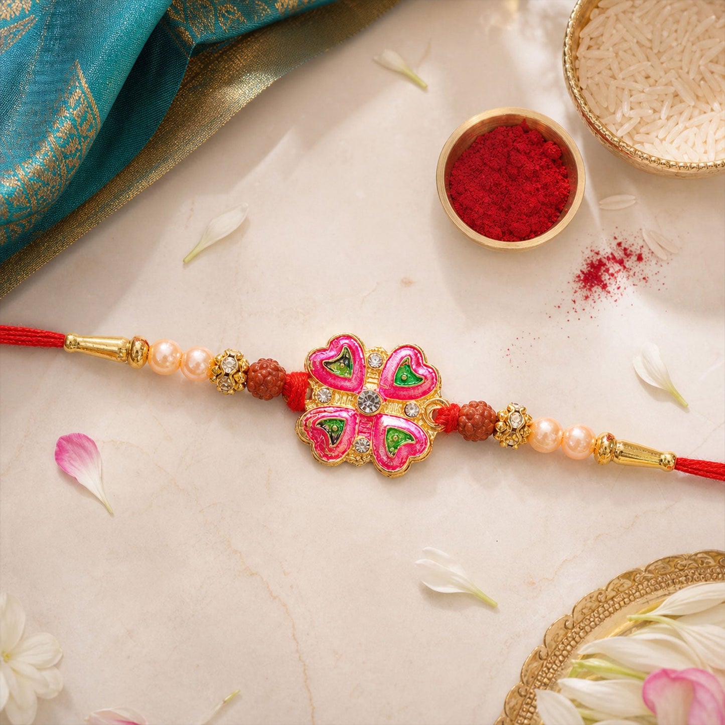 Floral Clover Stone Designer Premium Traditional Rakhi for Brother