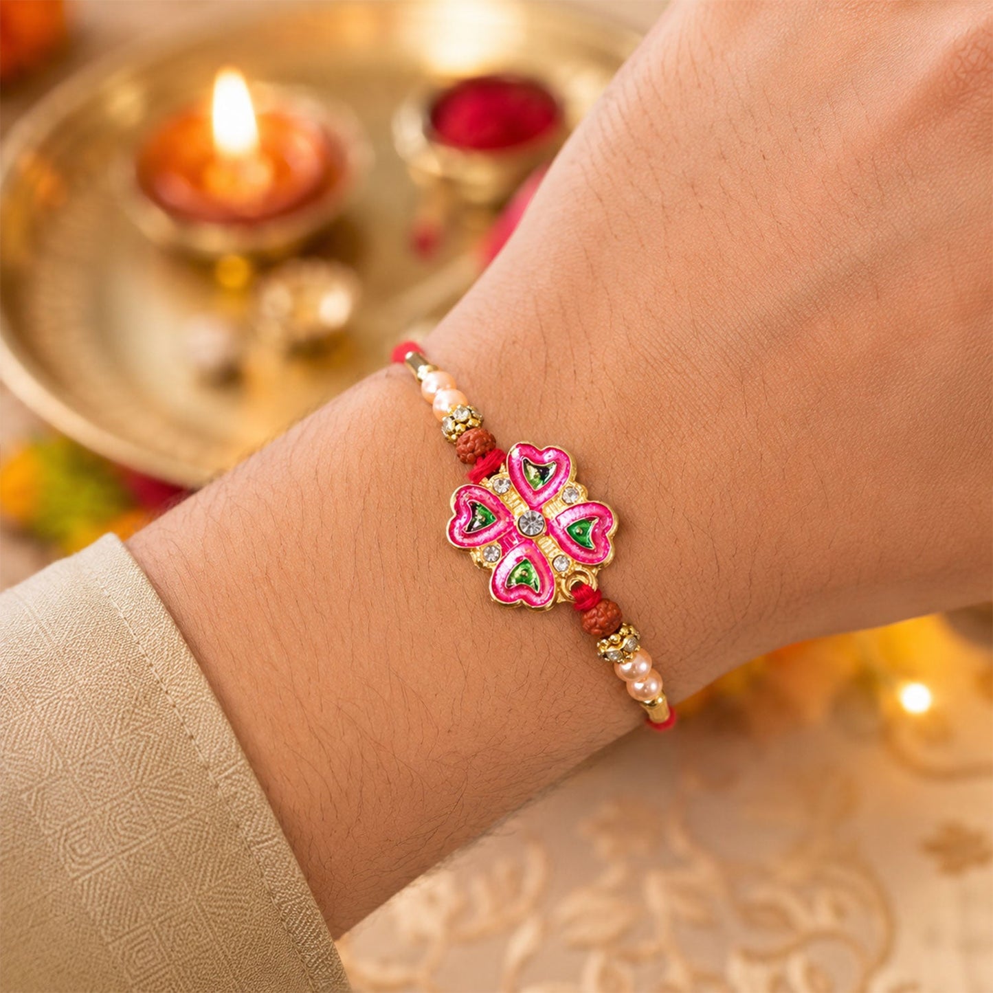 Floral Clover Stone Designer Premium Traditional Rakhi for Brother