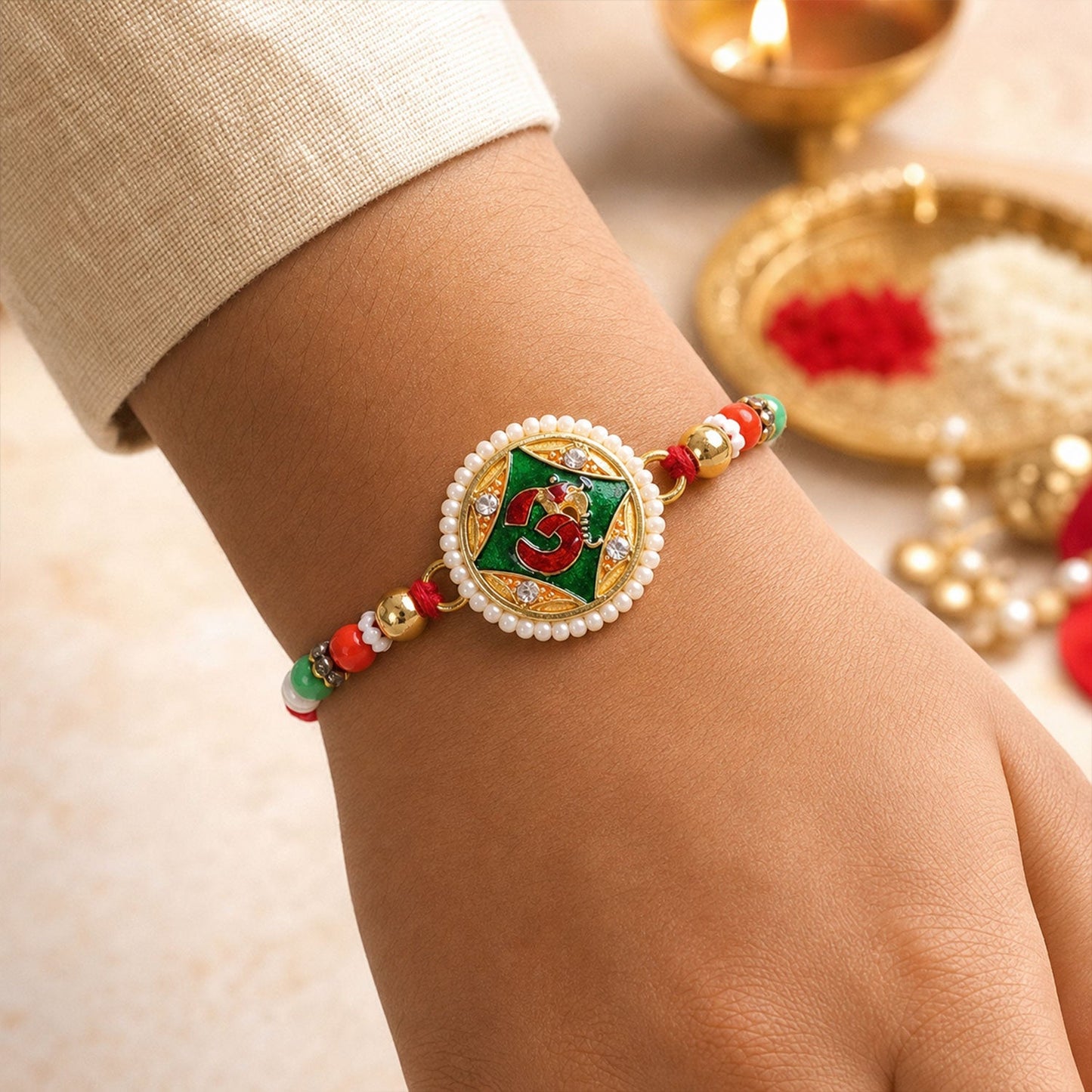 Religious Om Round Rakhi with Meenakari & Pearls – Rakhi for Brother