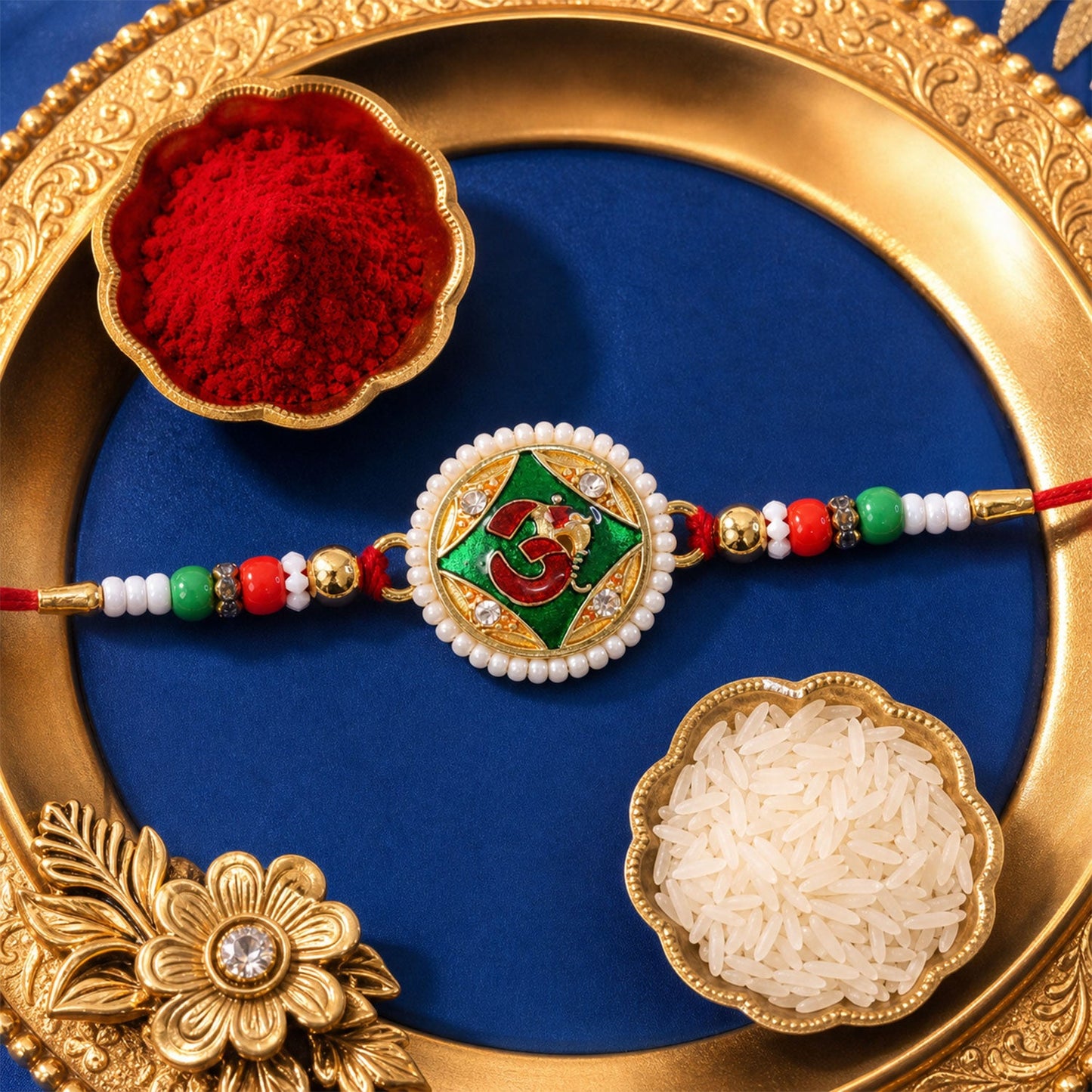 Religious Om Round Rakhi with Meenakari & Pearls – Rakhi for Brother