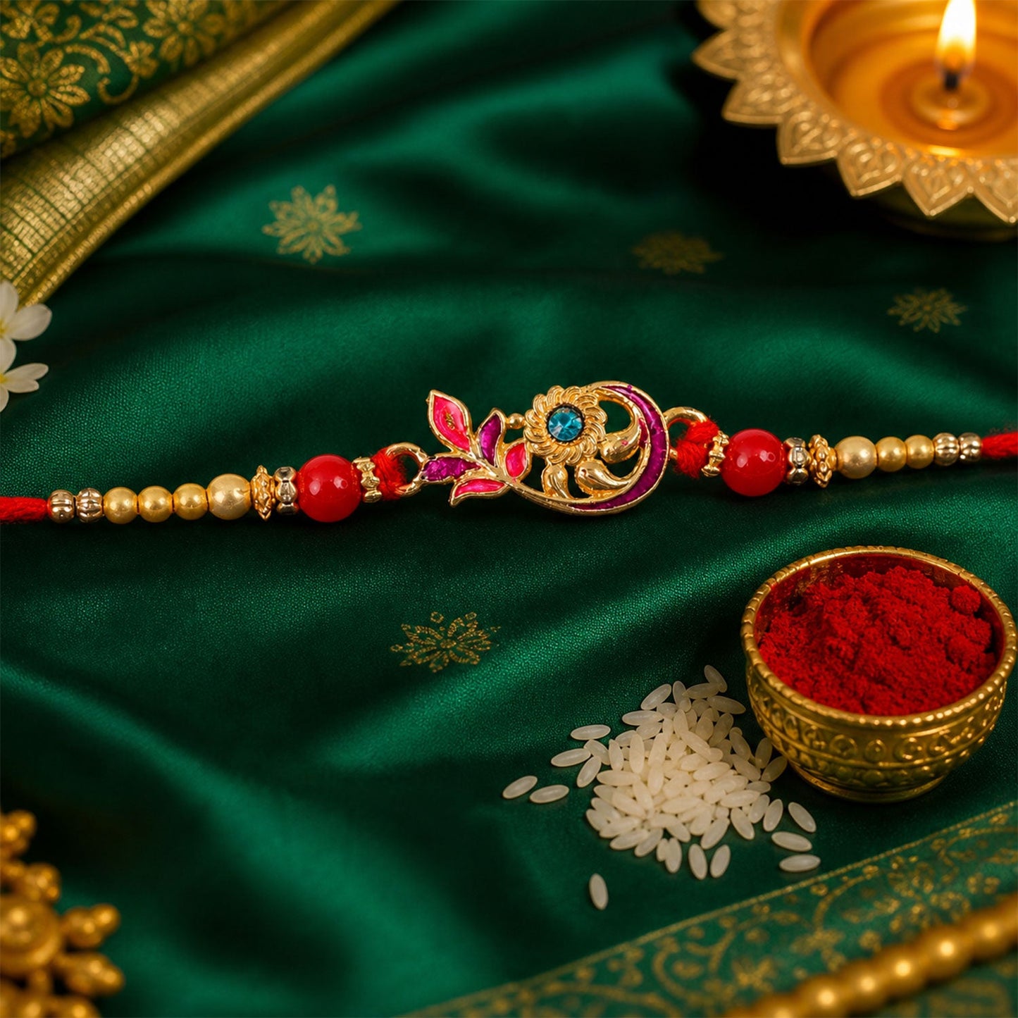Ethnic Golden Flower Rakhi with Stone & Pearls – Rakhi for Brother