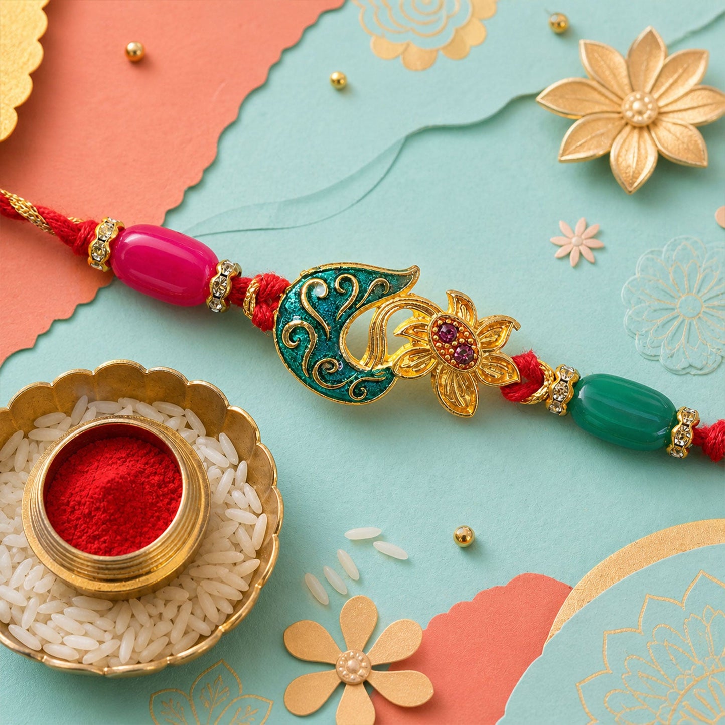 Golden Paisley Meenakari Rakhi with Stones & Beads – Rakhi for Brother