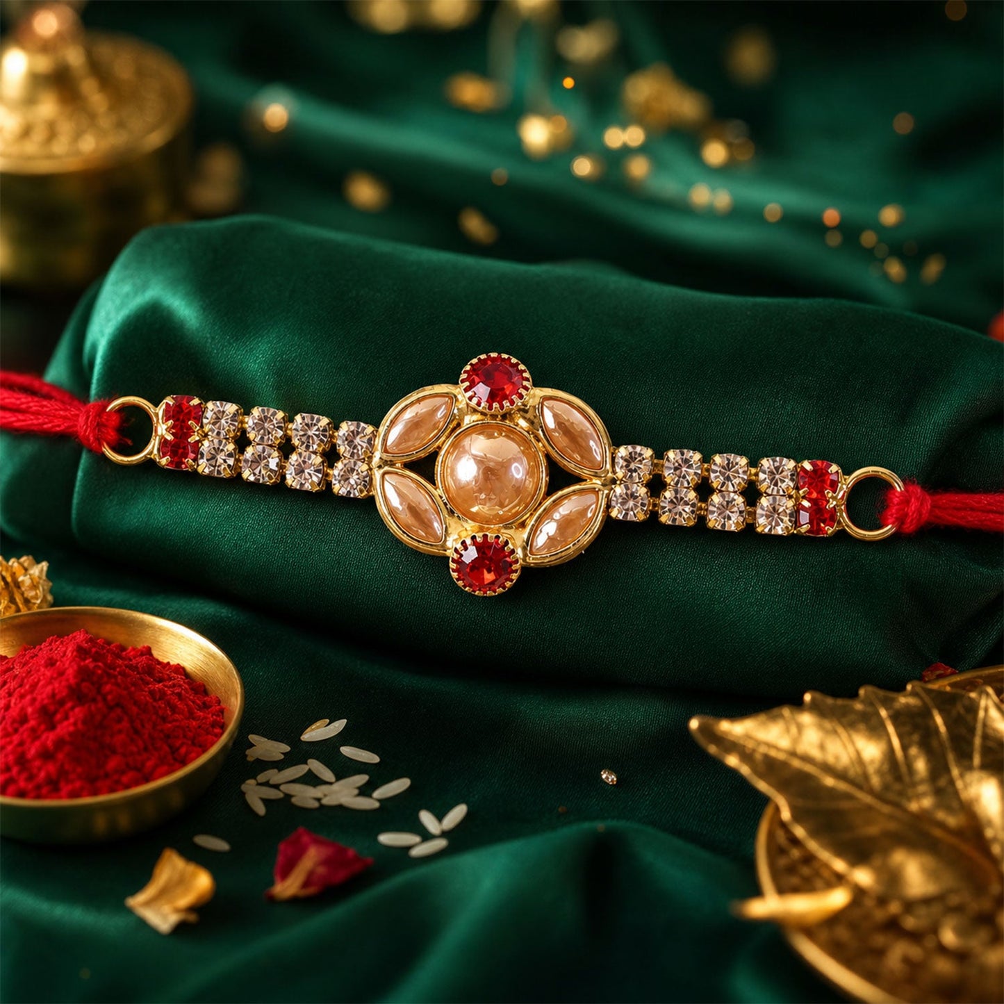 Floral Bar Stone Studded Premium Designer Traditional Rakhi for Brother