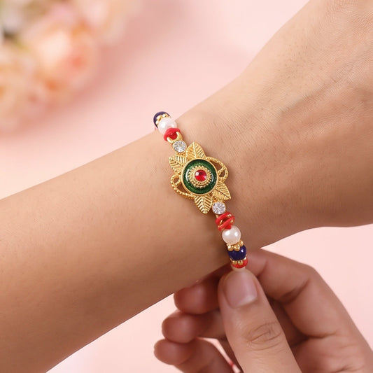 Green Kundan Beads Charm Rakhi for Brother Bhai Raksha Bandhan Festival Special Gift